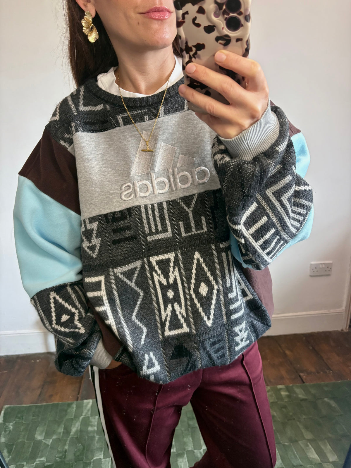 Vintage grey, brown and baby blue adidas logo funky pattern knit patchwork sweatshirt.