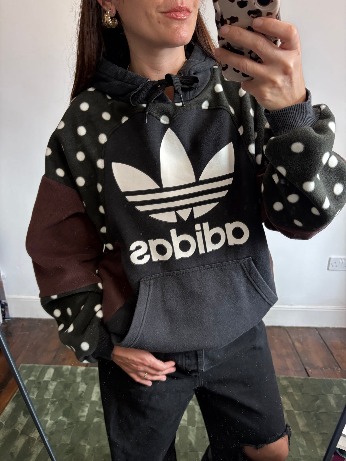 Y2K adidas logo polka dot and brown fleece patchwork hoodie sweatshirt.
