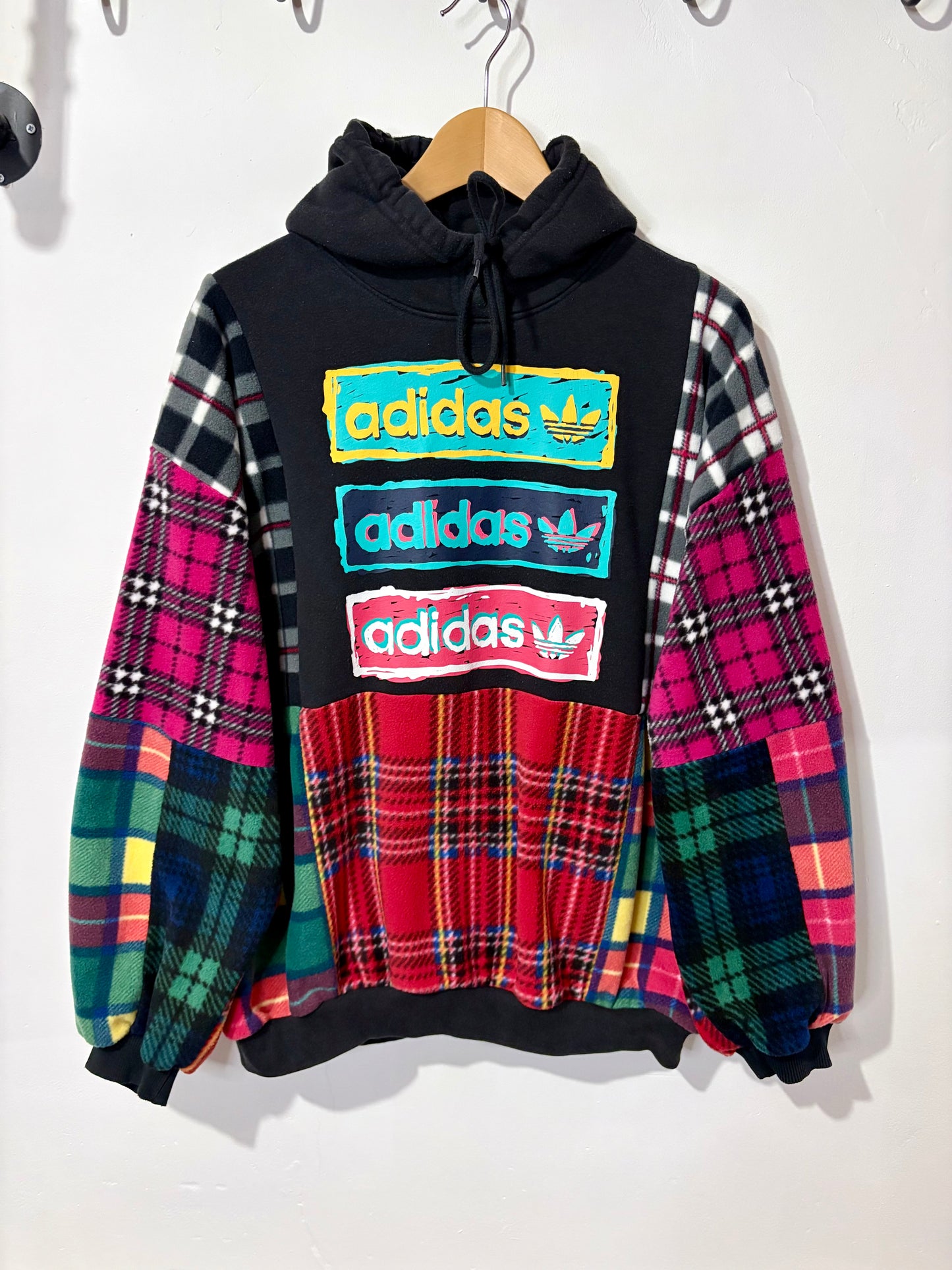 Y2K black adidas tartan checked fleece patchwork hoodie sweatshirt.