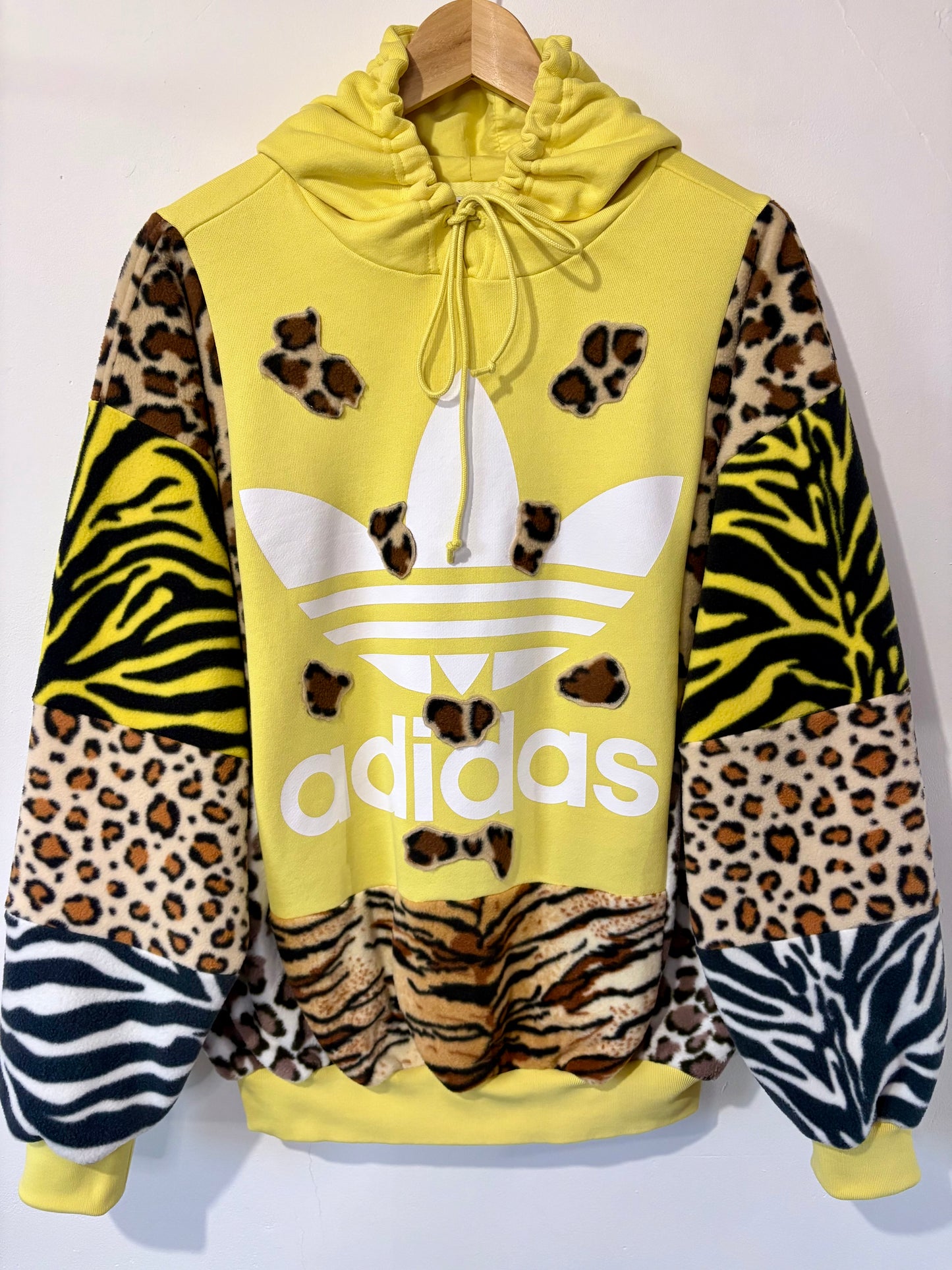Y2K yellow adidas leopard animal print, patchwork fleece hoodie sweatshirt.