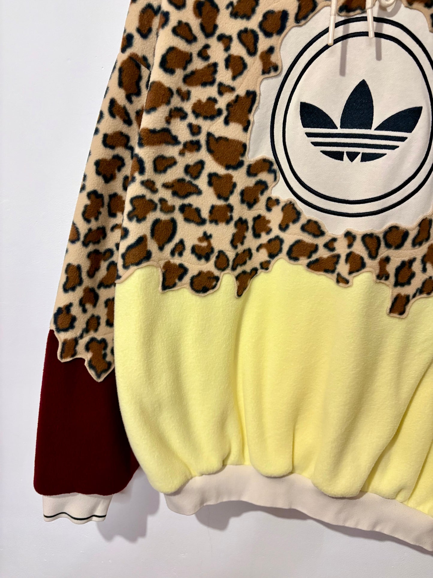 Y2K adidas leopard print, butter yellow, burgundy patchwork fleece hoodie sweatshirt.