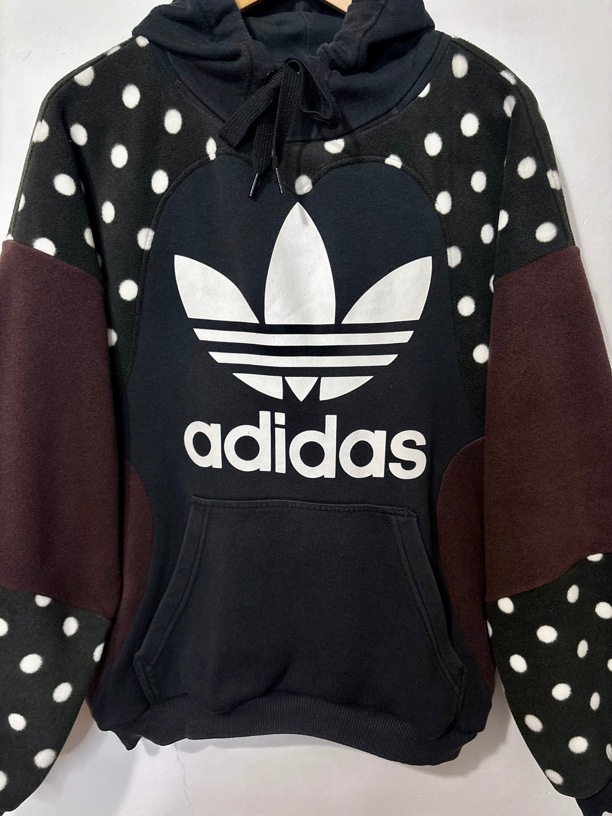 Y2K adidas logo polka dot and brown fleece patchwork hoodie sweatshirt.