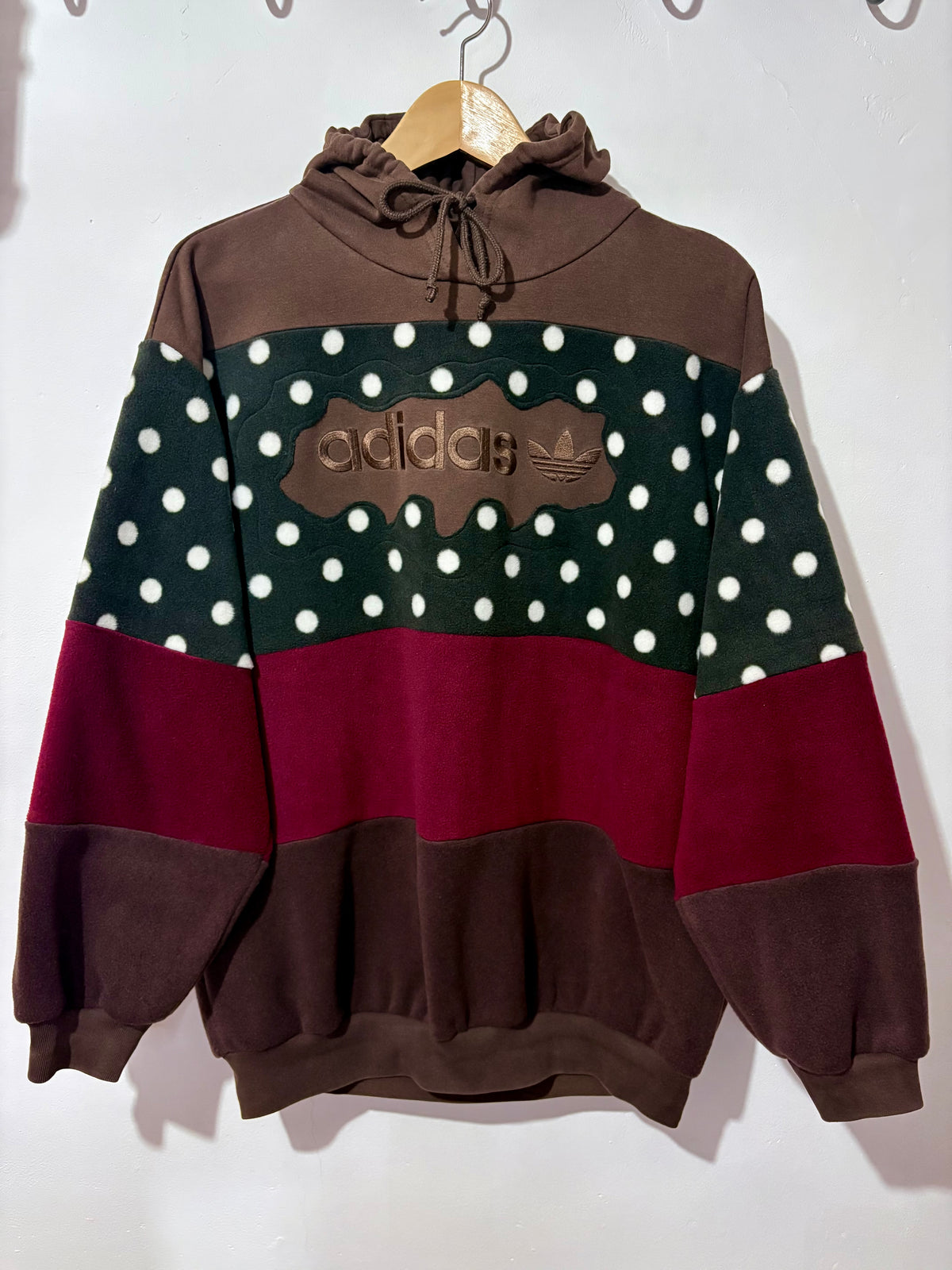 Y2K brown adidas logo polka dot and burgundy fleece stripe patchwork hoodie sweatshirt.