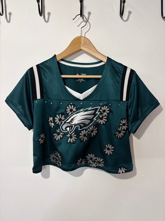 Vintage Y2K NFL Philadelphia Eagles daisy lace diamanté cropped jersey tshirt.