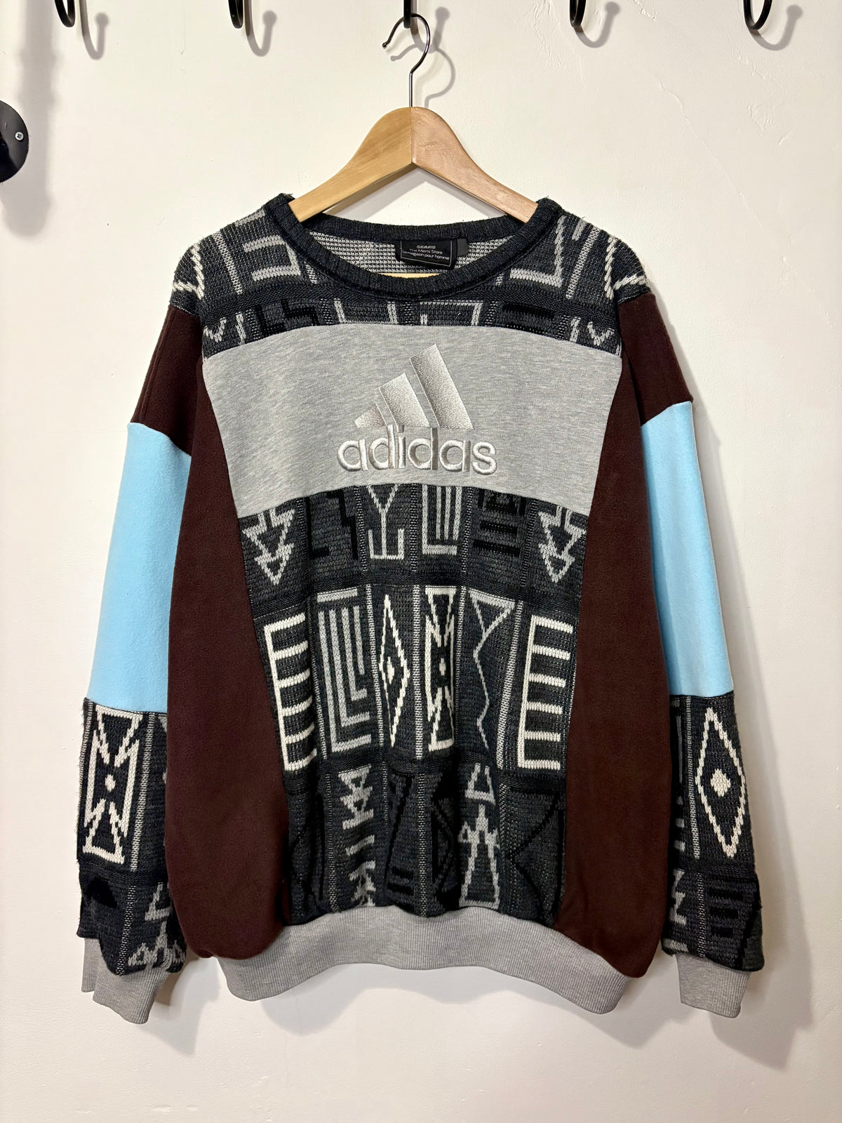 Vintage grey, brown and baby blue adidas logo funky pattern knit patchwork sweatshirt.