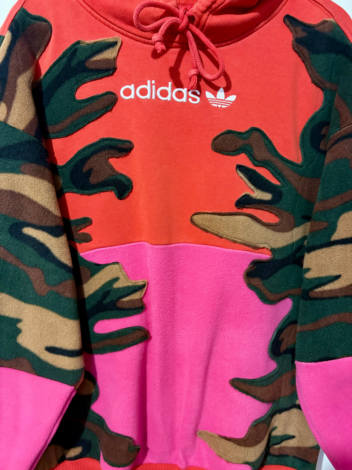 Y2K red adidas camouflage and pink patchwork fleece hoodie sweatshirt.