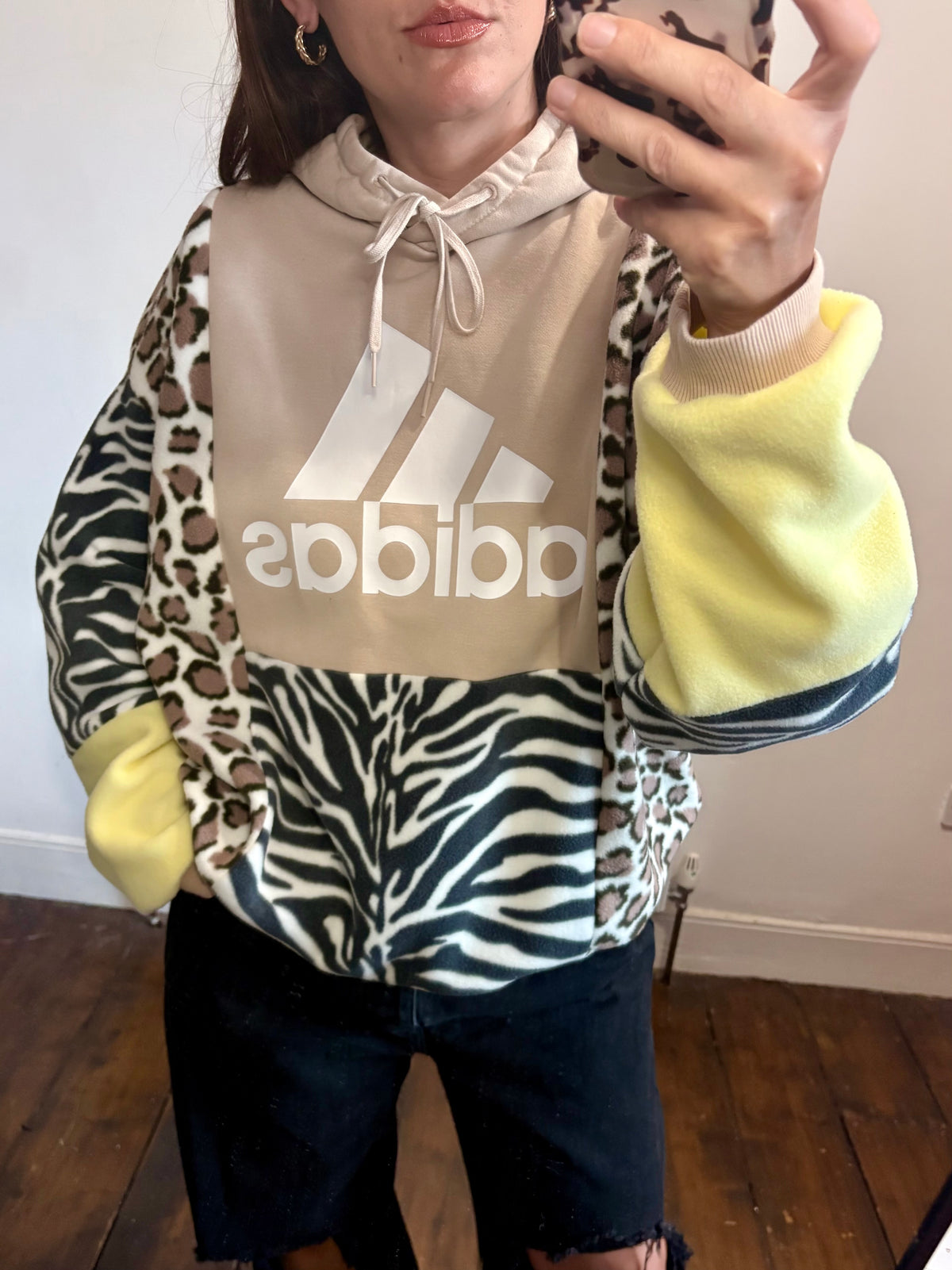 Y2K cream adidas zebra, leopard and butter yellow fleece patchwork hoodie sweatshirt.