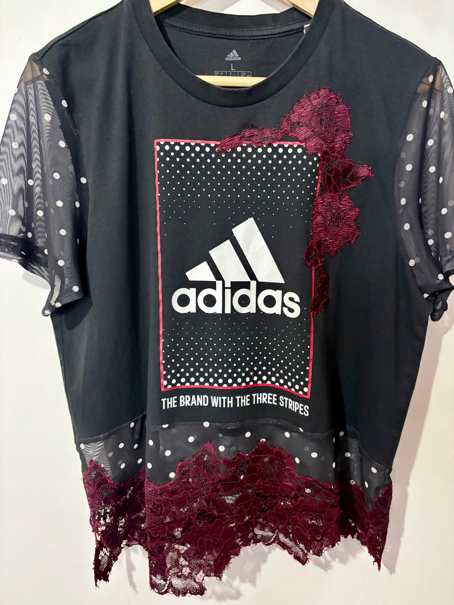 Vintage Y2K adidas polka dot sheer mesh burgundy lace patchwork tshirt