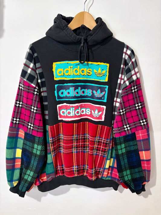 Y2K black adidas tartan checked fleece patchwork hoodie sweatshirt.