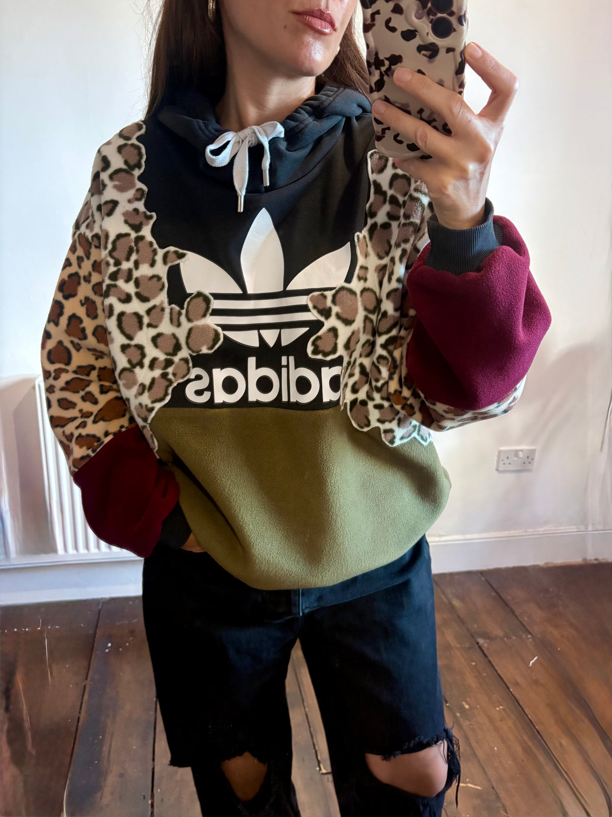 Y2K black adidas logo leopard print, khaki and burgundy fleece patchwork hoodie sweatshirt.