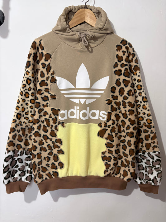 Y2K beige adidas leopard animal print, butter yellow patchwork fleece hoodie sweatshirt