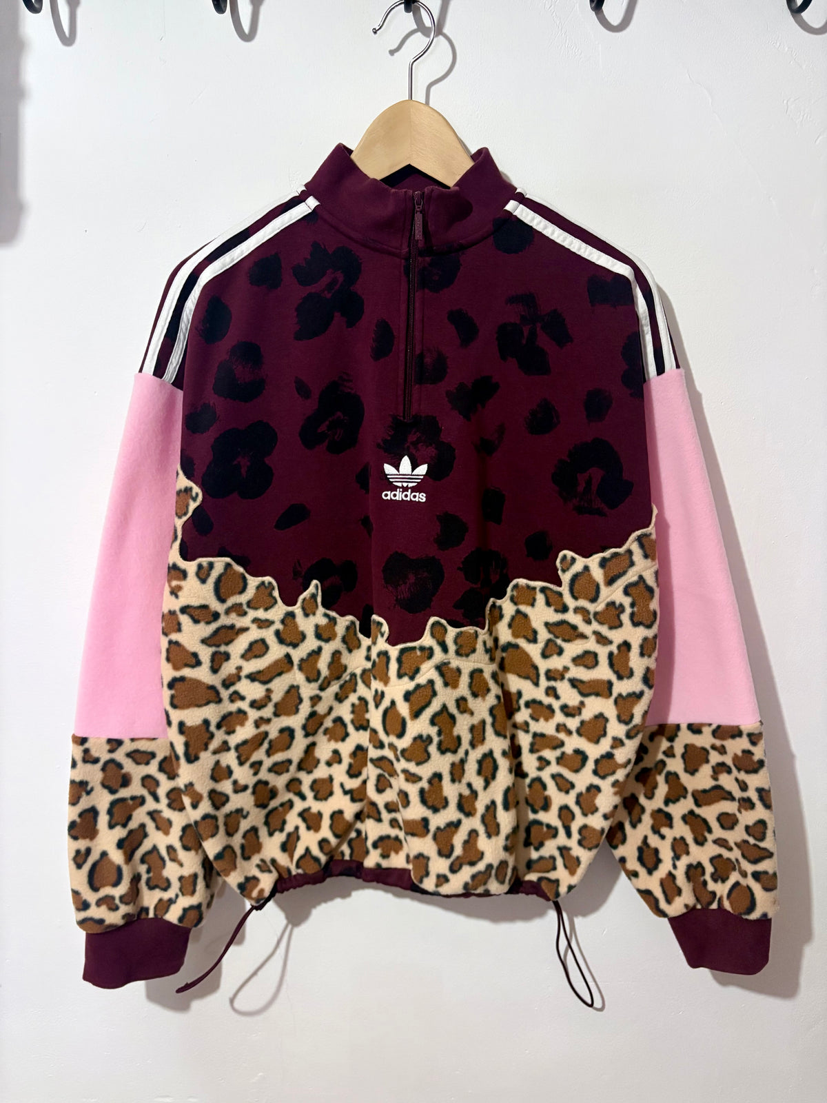 Y2K burgundy adidas logo leopard print and pink fleece patchwork 1/4 zip neck sweatshirt.