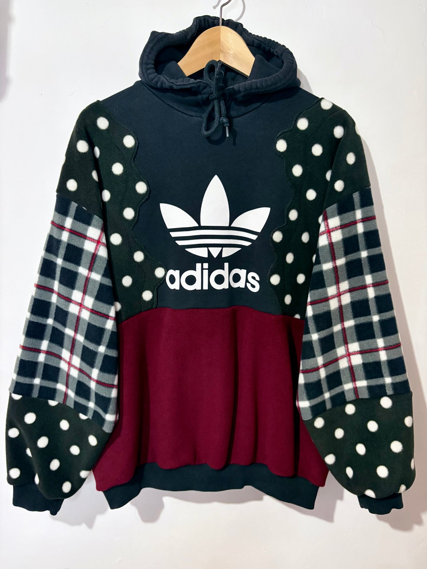 Y2K adidas polka dot, tartan, checked, burgundy fleece patchwork hoodie sweatshirt.