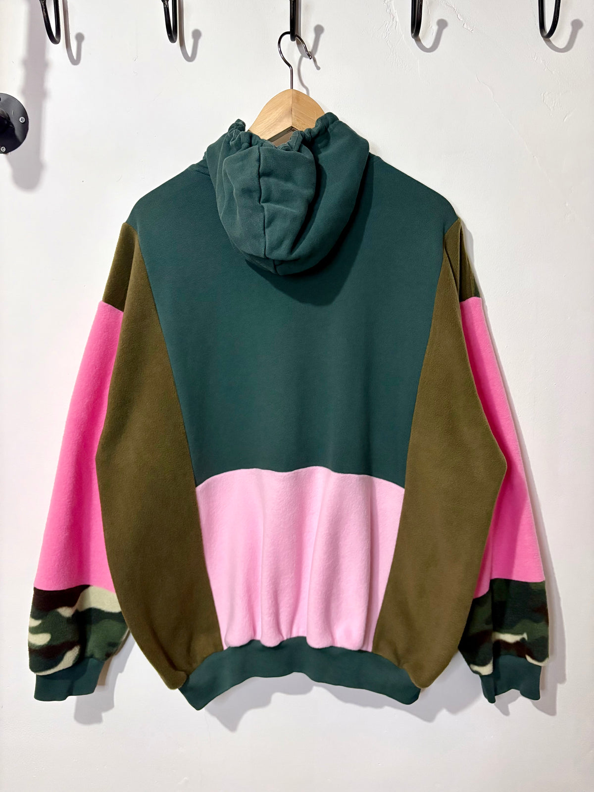 Y2K green adidas camouflage and pink patchwork fleece hoodie sweatshirt.