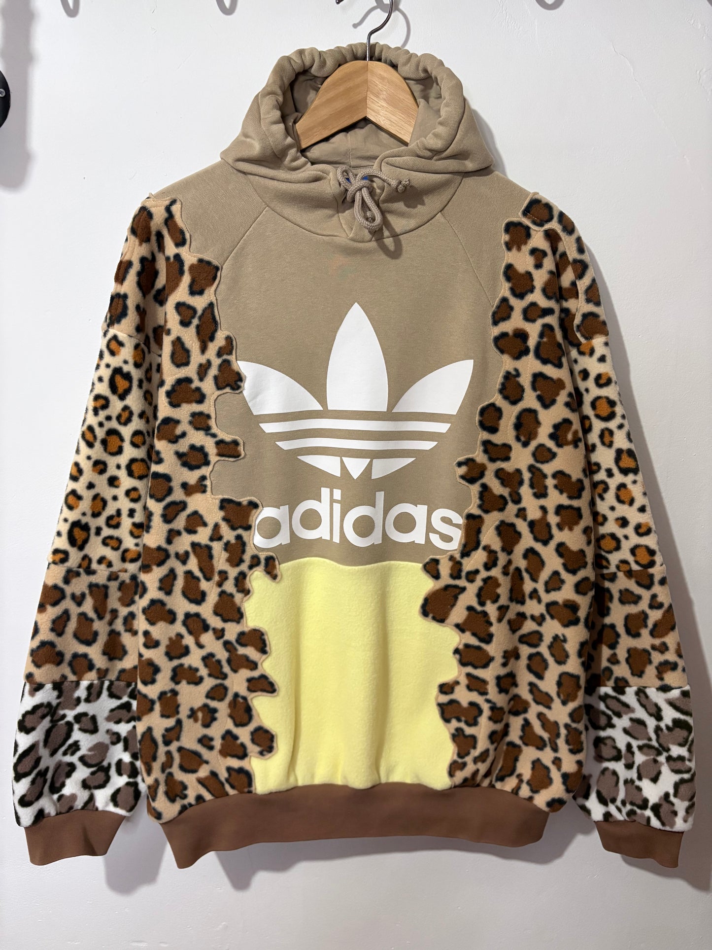 Y2K beige adidas leopard animal print, butter yellow patchwork fleece hoodie sweatshirt