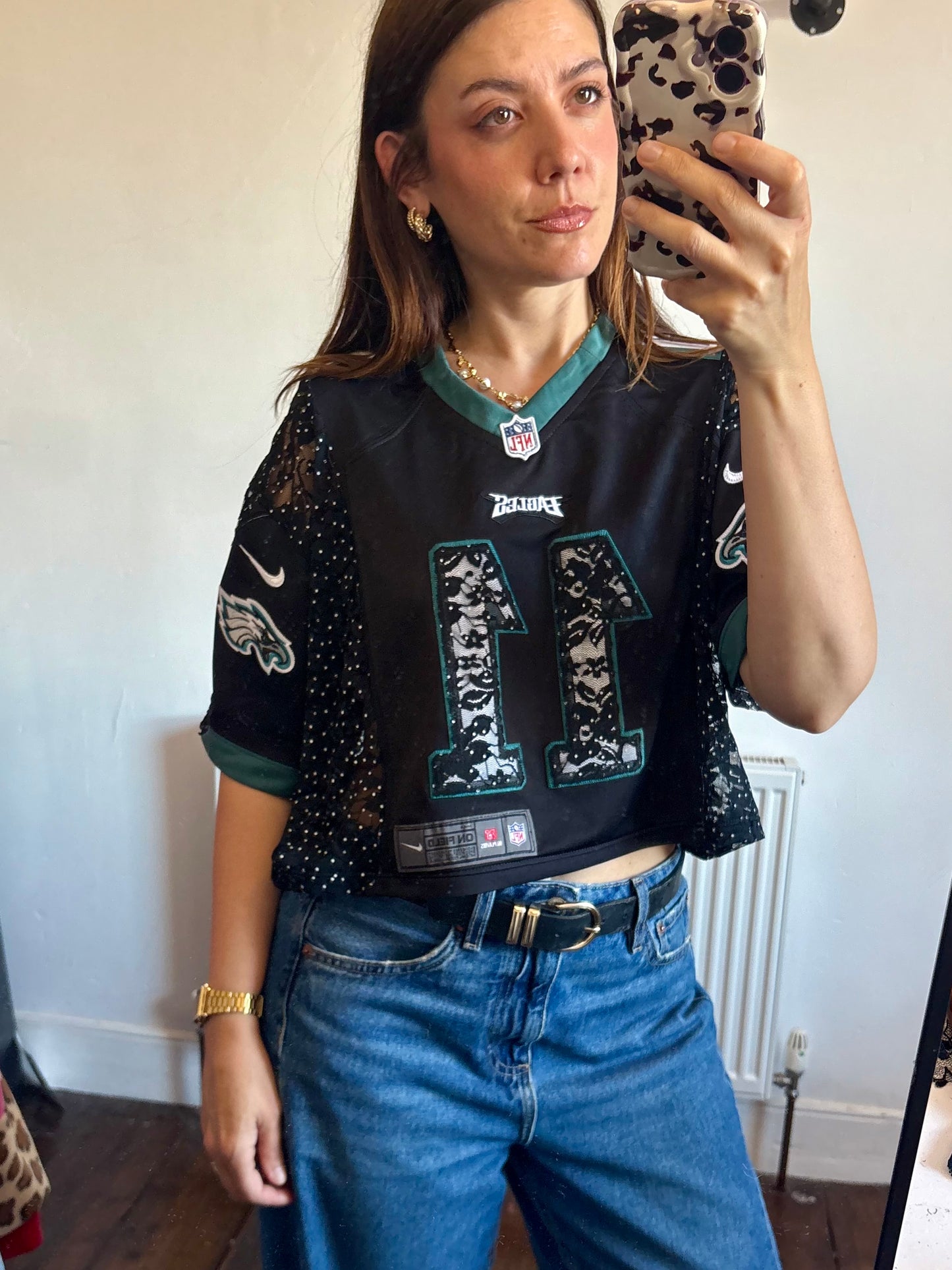 Vintage Y2K Nike NFL Philadelphia Eagles polka dot lace sheer mesh cropped jersey tshirt.