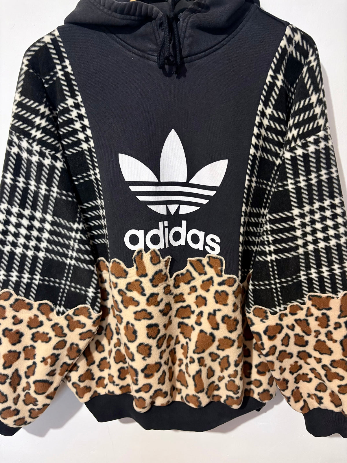 Y2K black adidas logo checked tartan and leopard print hoodie sweatshirt.