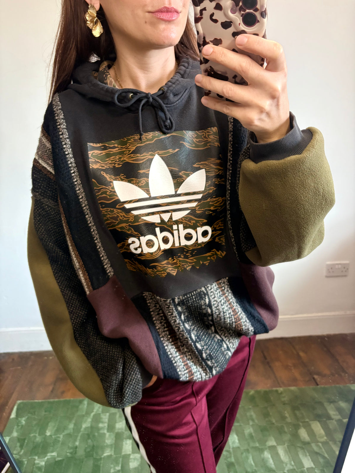 Vintage camouflage adidas logo funky stripe knit patchwork hoodie sweatshirt.