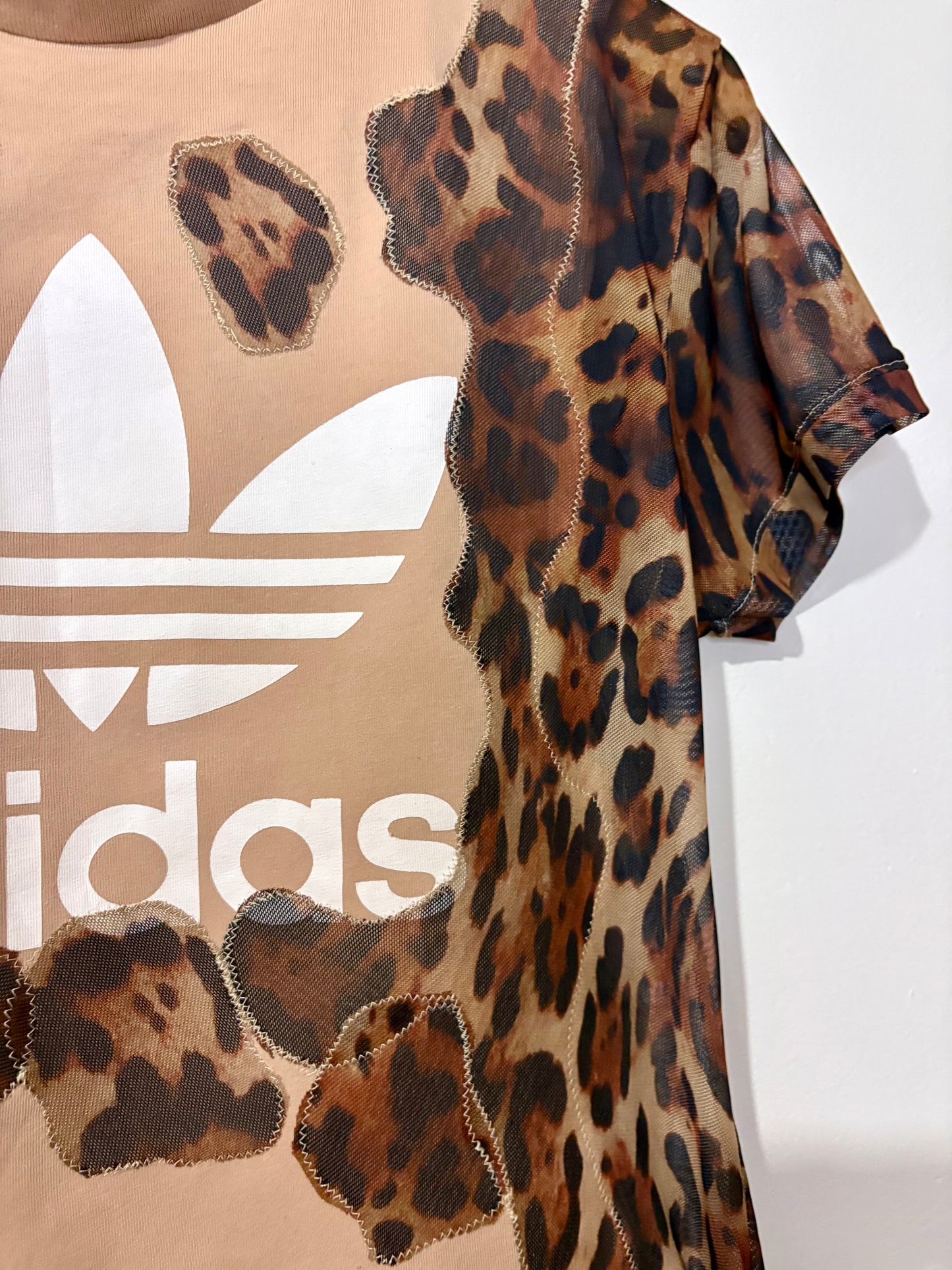 Vintage Y2K adidas leopard print sheer mesh wavy patchwork baby tee tshirt.