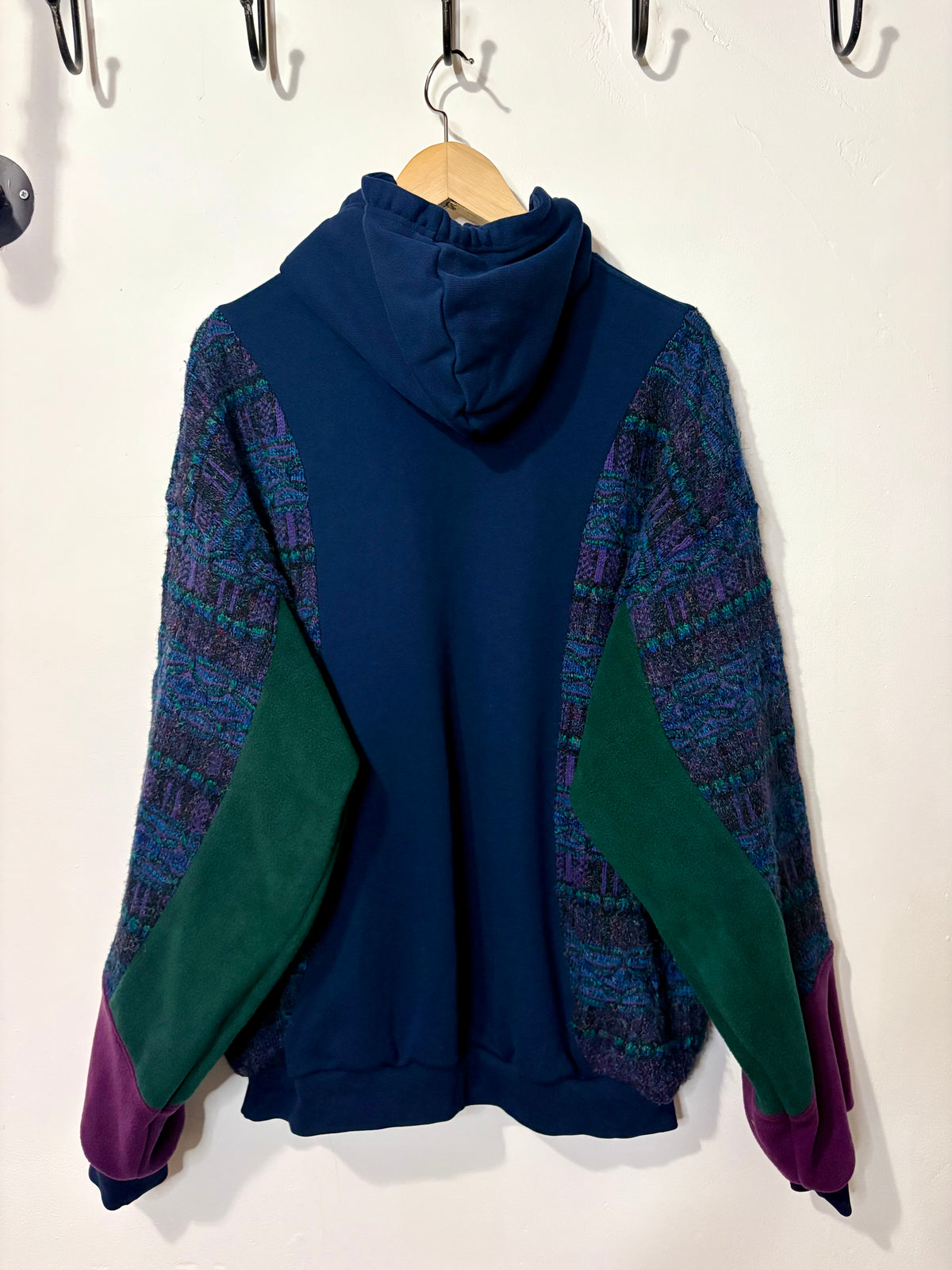 Vintage adidas trefoil logo funky pattern knit patchwork hoodie sweatshirt.