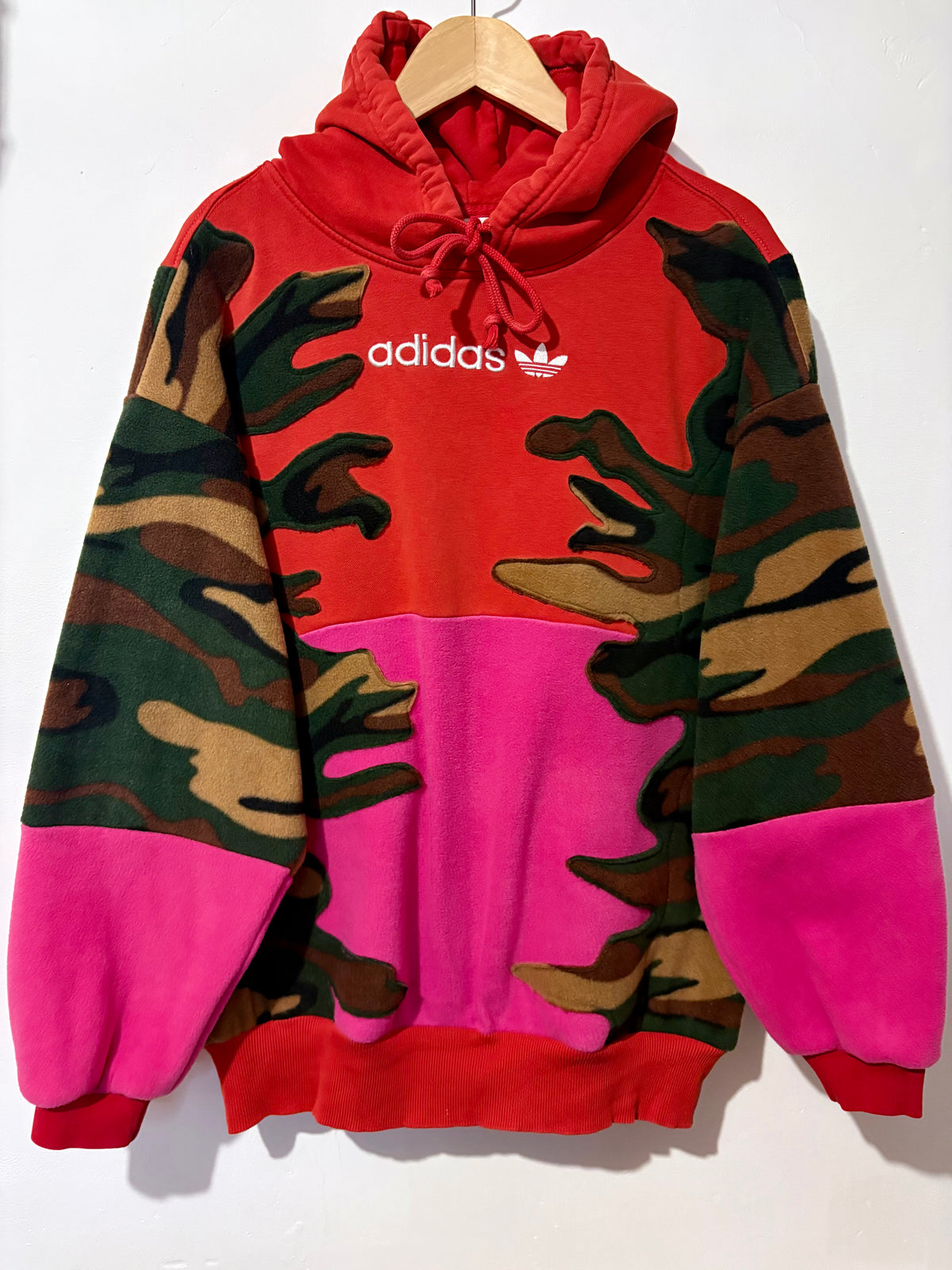 Y2K red adidas camouflage and pink patchwork fleece hoodie sweatshirt.