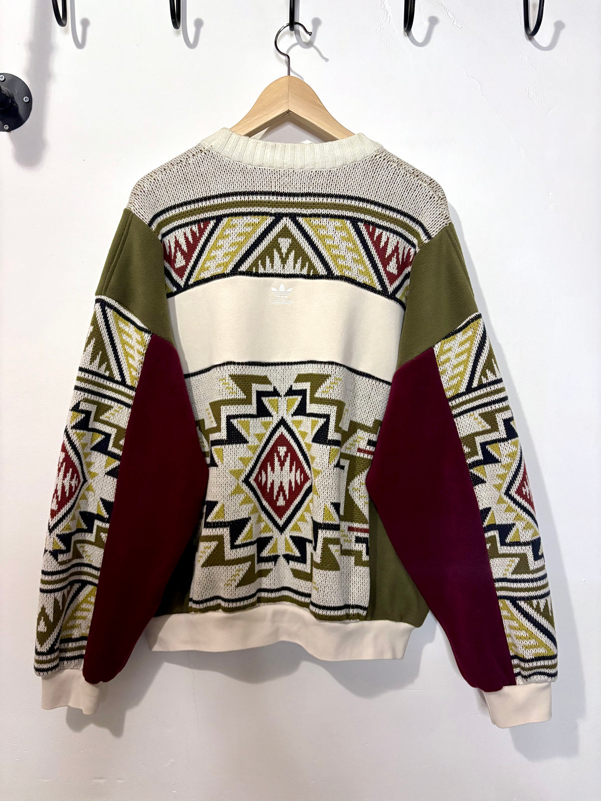 Vintage cream adidas logo funky pattern knit patchwork burgundy, khaki fleece sweatshirt.