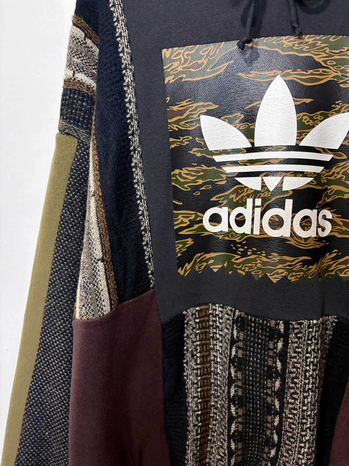 Vintage camouflage adidas logo funky stripe knit patchwork hoodie sweatshirt.