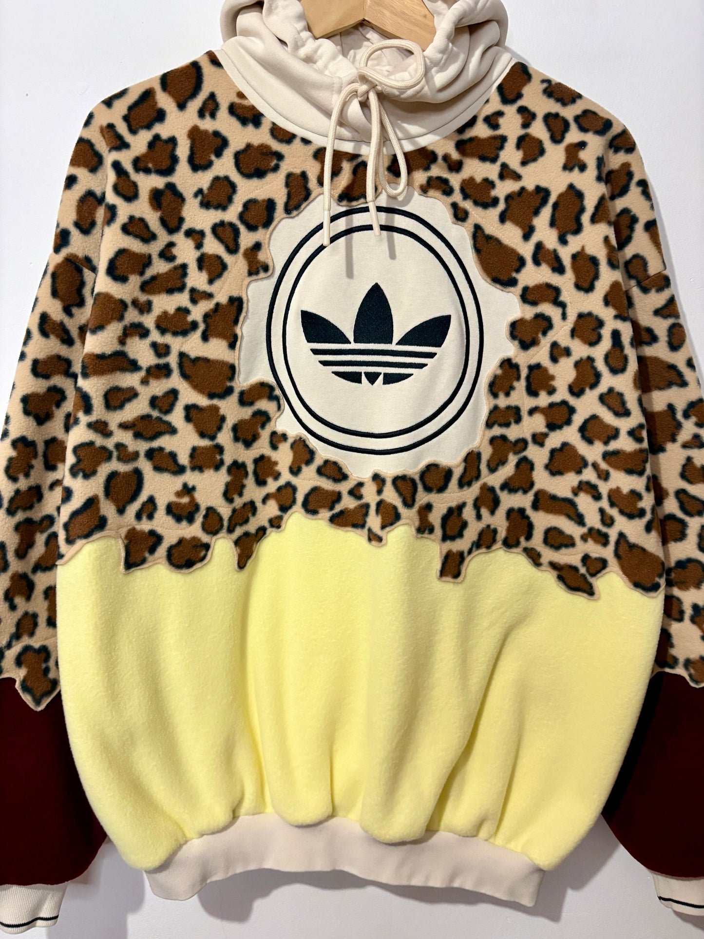 Y2K adidas leopard print, butter yellow, burgundy patchwork fleece hoodie sweatshirt.