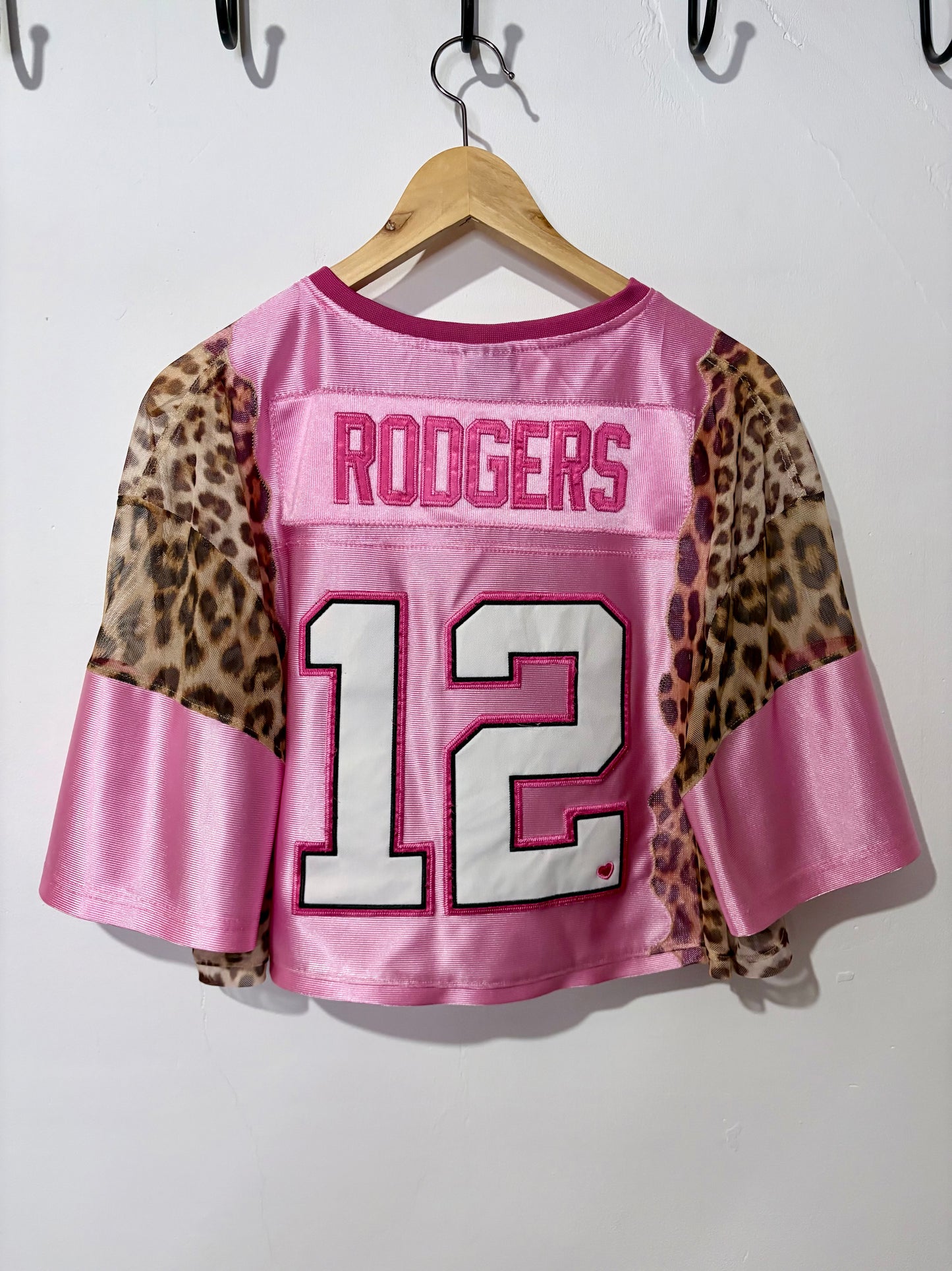 Vintage Y2K NFL Green Bay Packers leopard print sheer mesh cropped jersey tshirt.