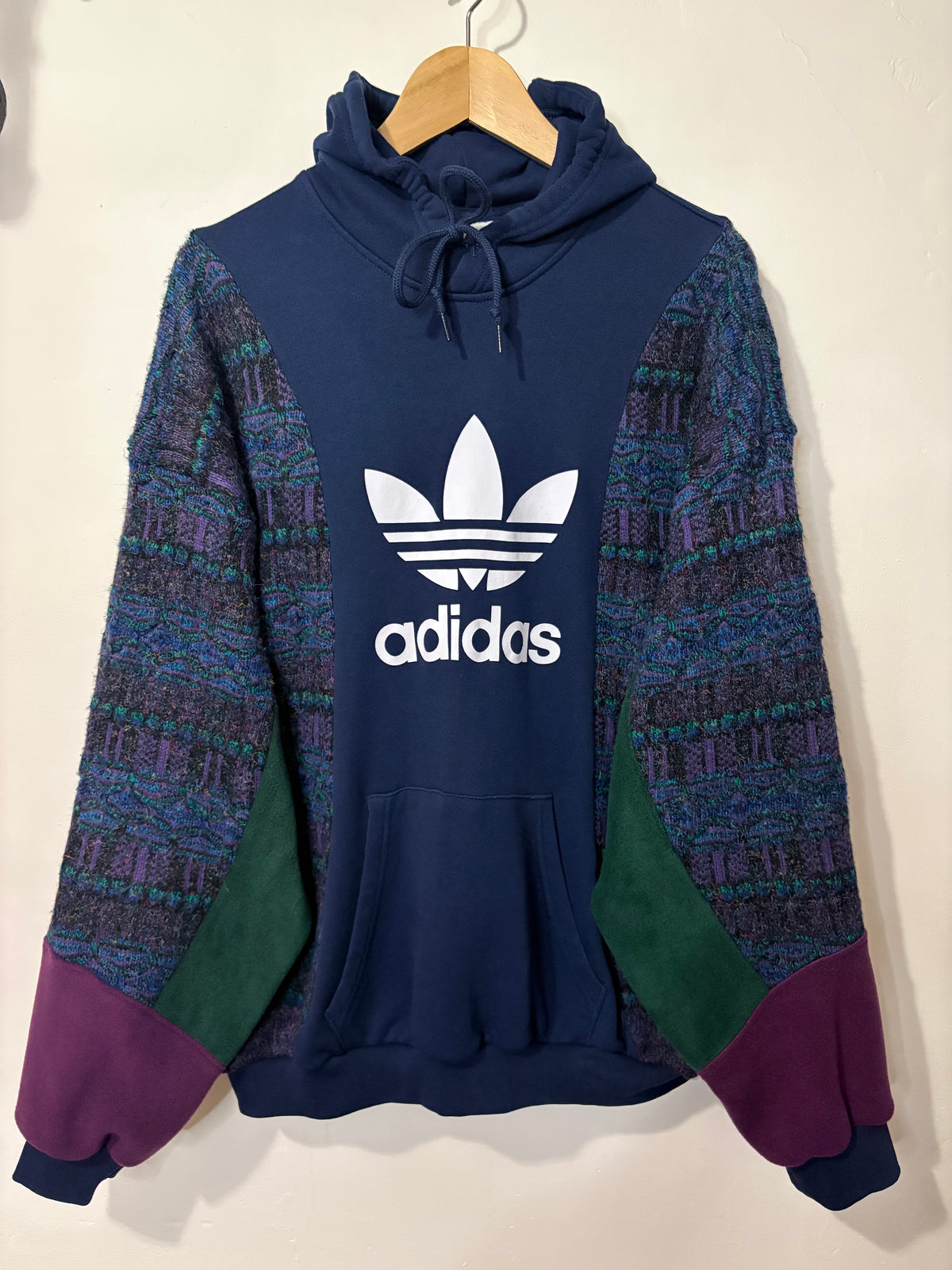 Vintage adidas trefoil logo funky pattern knit patchwork hoodie sweatshirt.