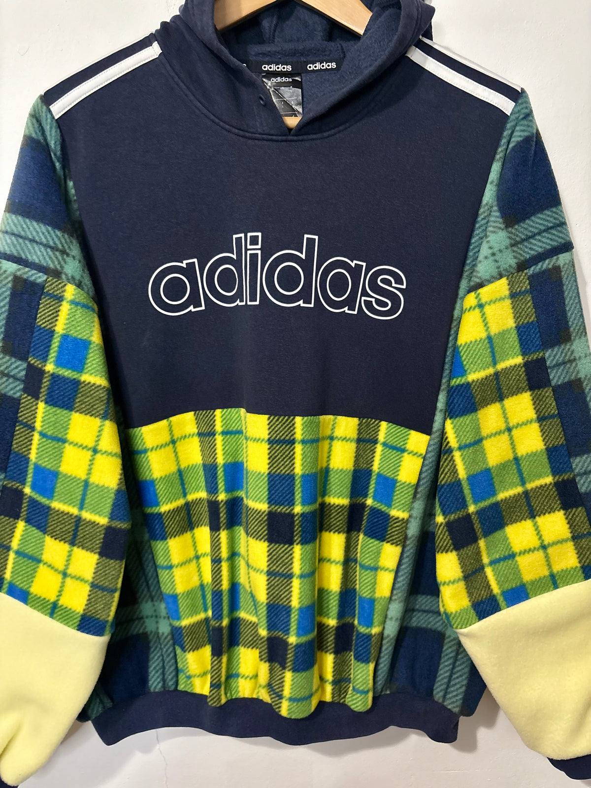 Y2K navy adidas spell out logo clashing checked tartan patchwork hoodie sweatshirt.