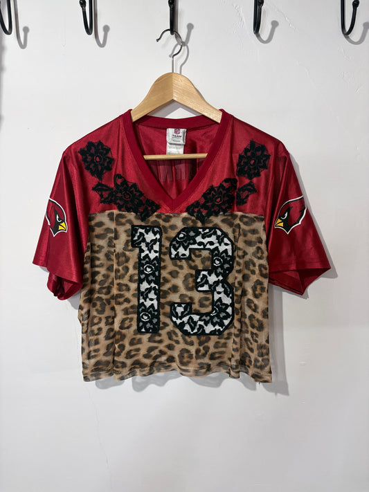 Vintage Y2K NFL Arizona Cardinals leopard print sheer mesh lace cropped jersey tshirt.