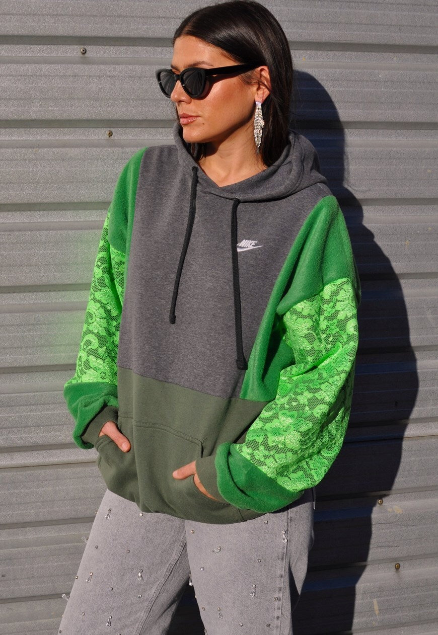 Y2K vintage reworked Nike patchwork green neon lace hoodie.