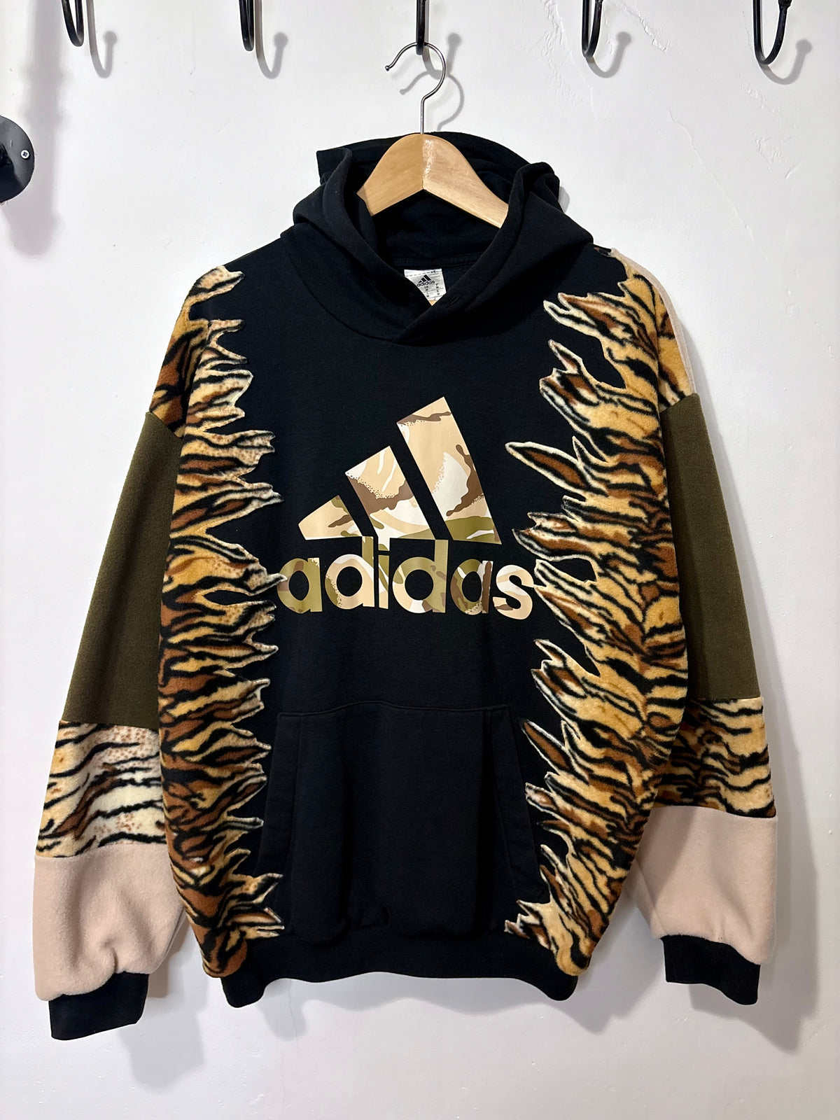 Y2K black adidas camouflage logo tiger stripe, khaki and beige fleece patchwork hoodie sweatshirt.