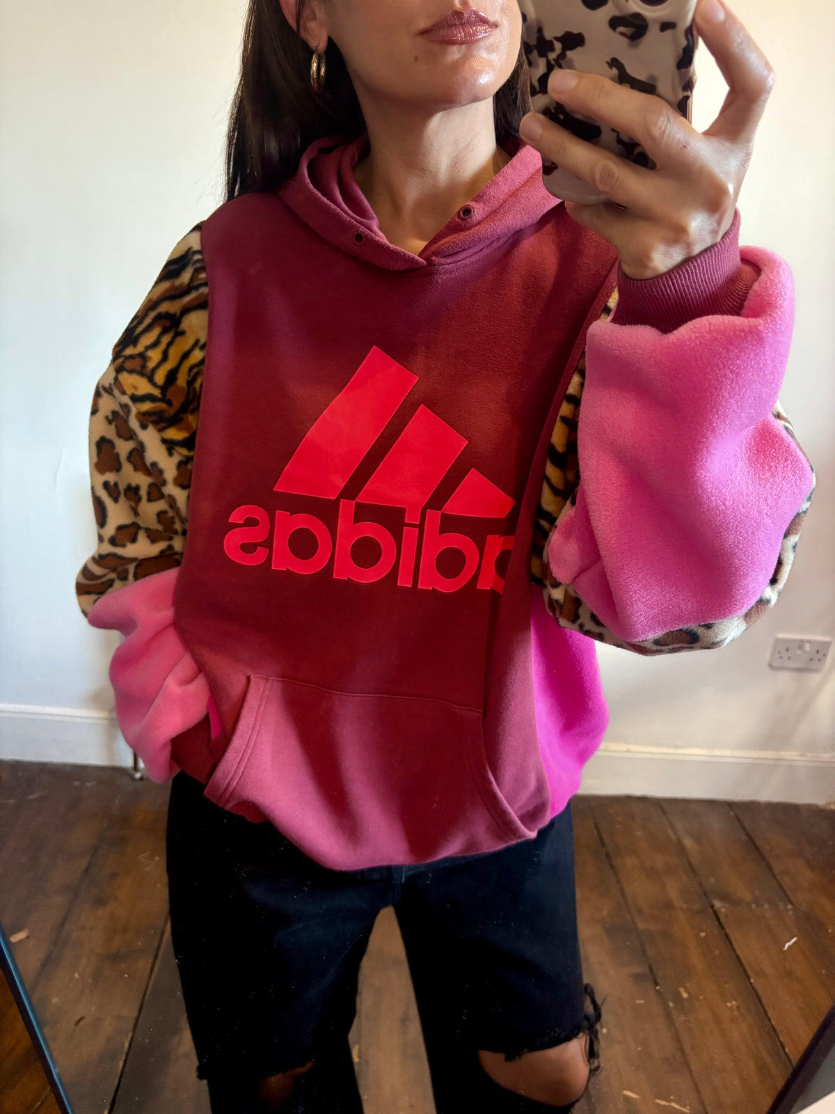 Y2K rust adidas tiger, leopard print and pink fleece patchwork hoodie sweatshirt.