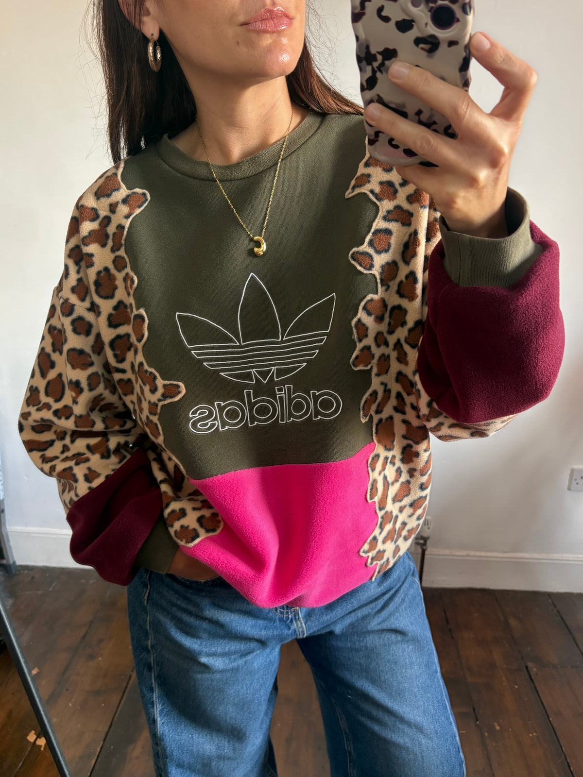Y2K khaki adidas, leopard print, pink and burgundy patchwork fleece sweatshirt.