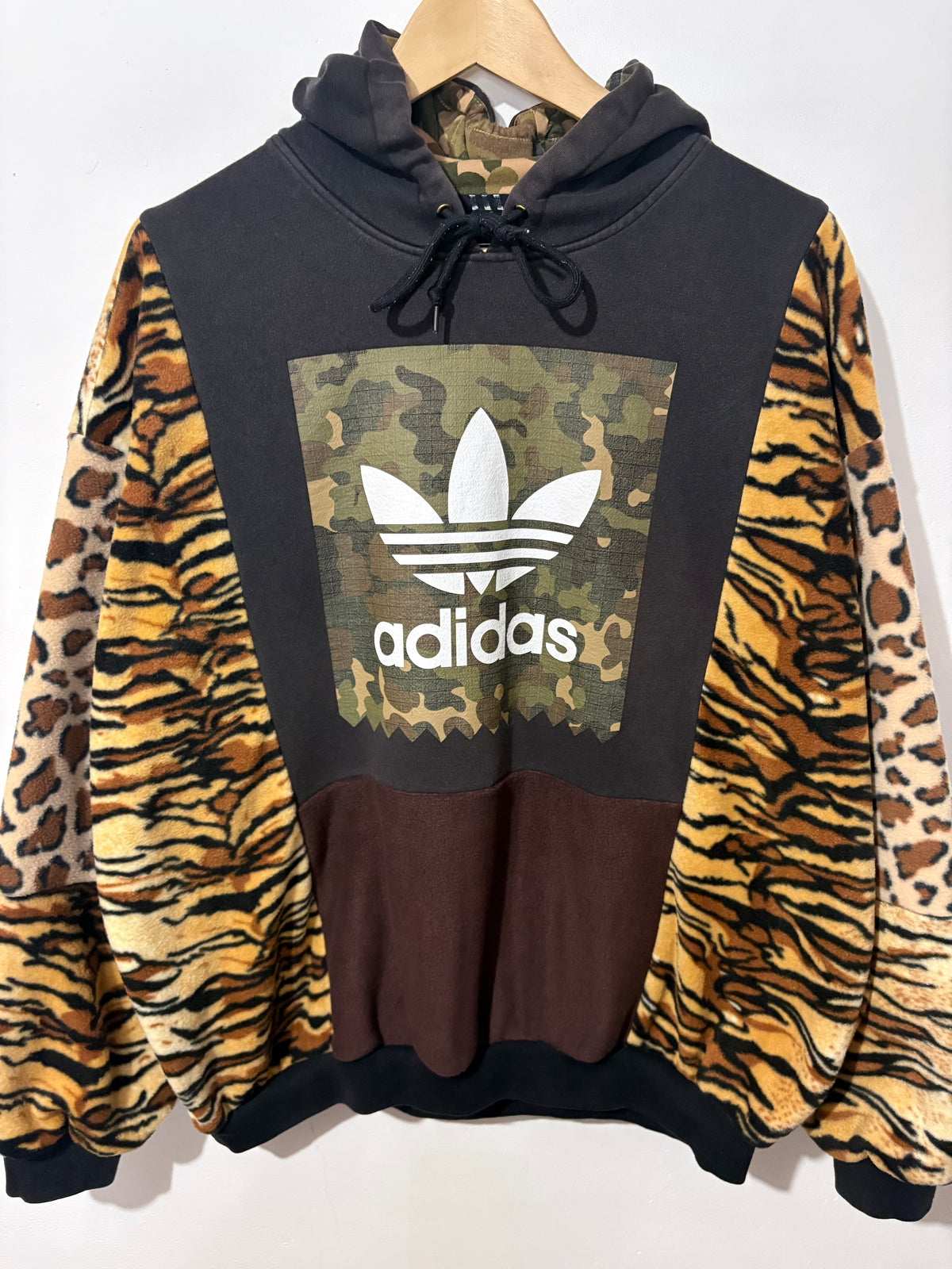 Y2K black adidas camouflage logo tiger and leopard fleece patchwork hoodie sweatshirt.