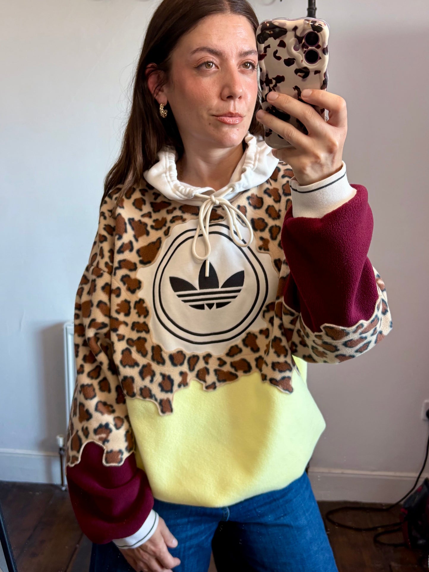 Y2K adidas leopard print, butter yellow, burgundy patchwork fleece hoodie sweatshirt.