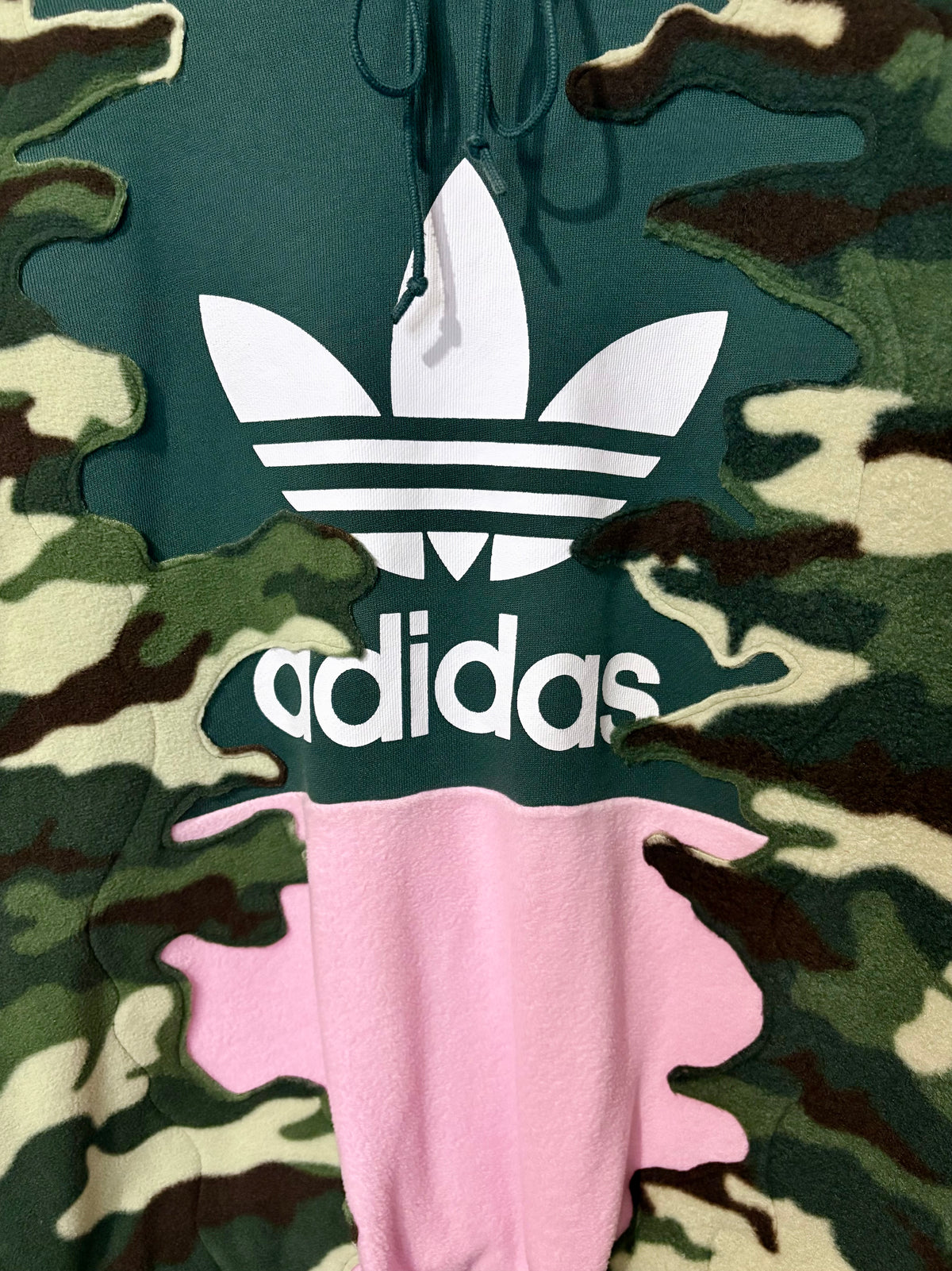 Y2K green adidas camouflage and pink patchwork fleece hoodie sweatshirt.