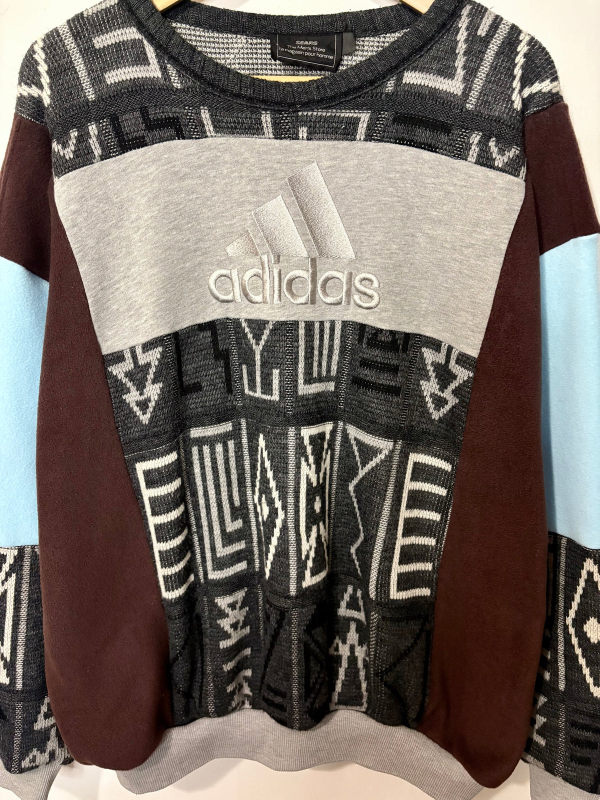 Vintage grey, brown and baby blue adidas logo funky pattern knit patchwork sweatshirt.