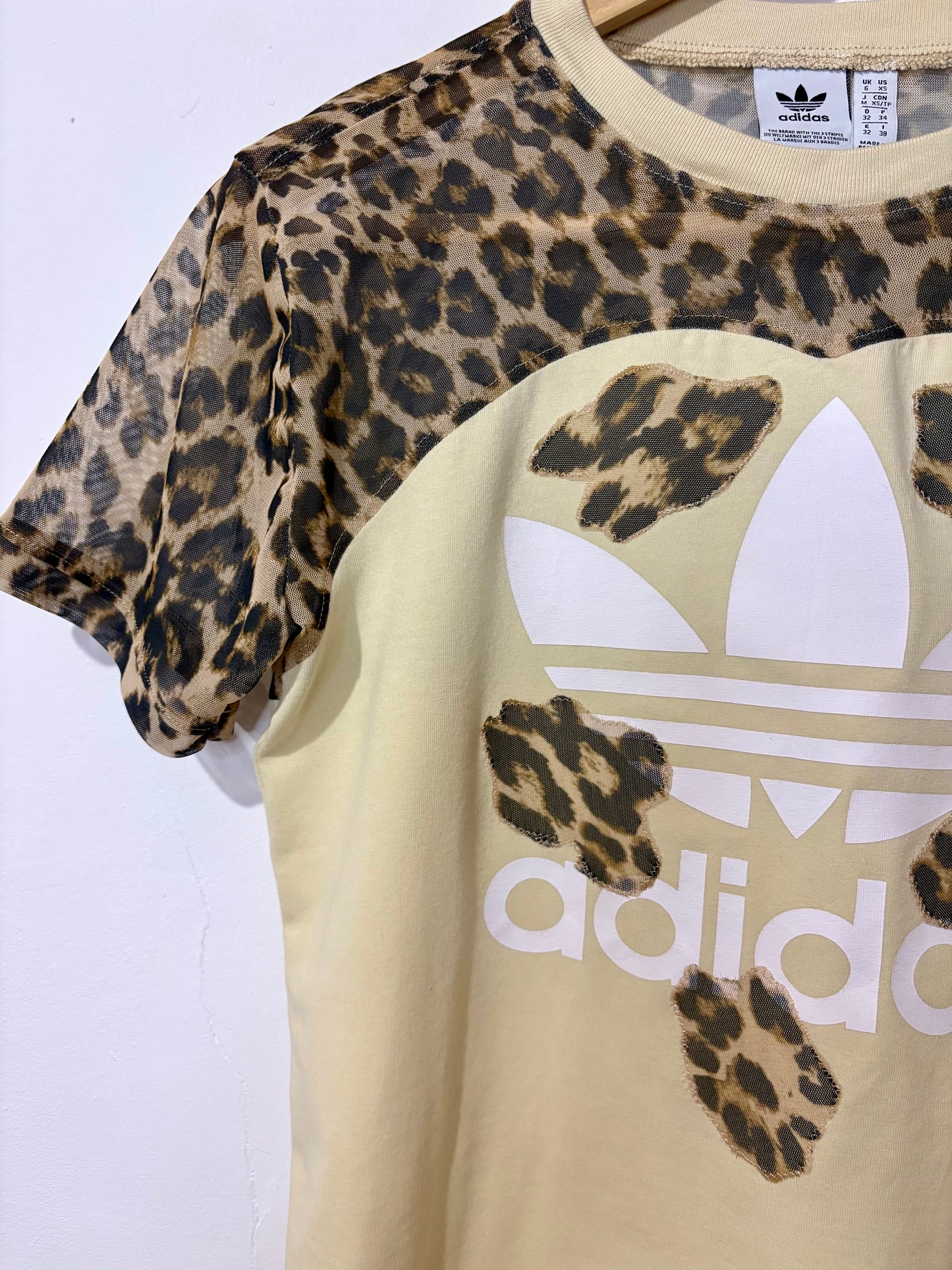 Vintage Y2K butter yellow adidas leopard print sheer mesh patchwork baby tee tshirt.