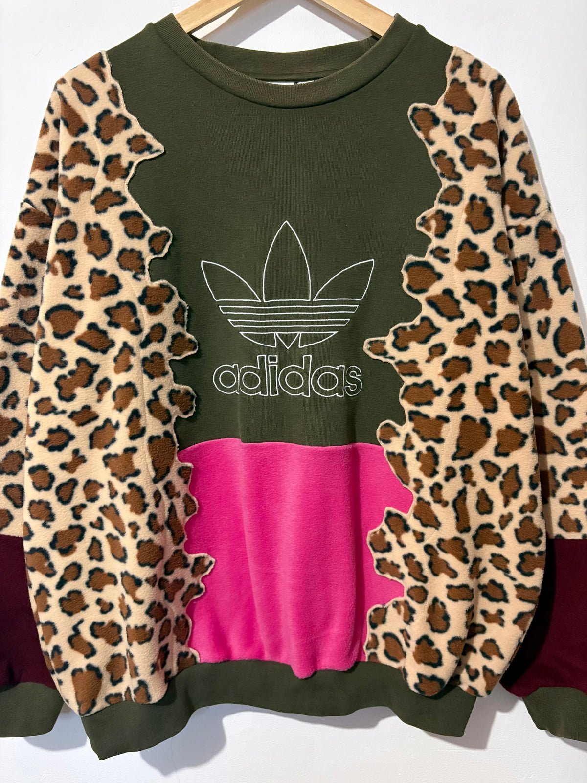 Y2K khaki adidas, leopard print, pink and burgundy patchwork fleece sweatshirt.