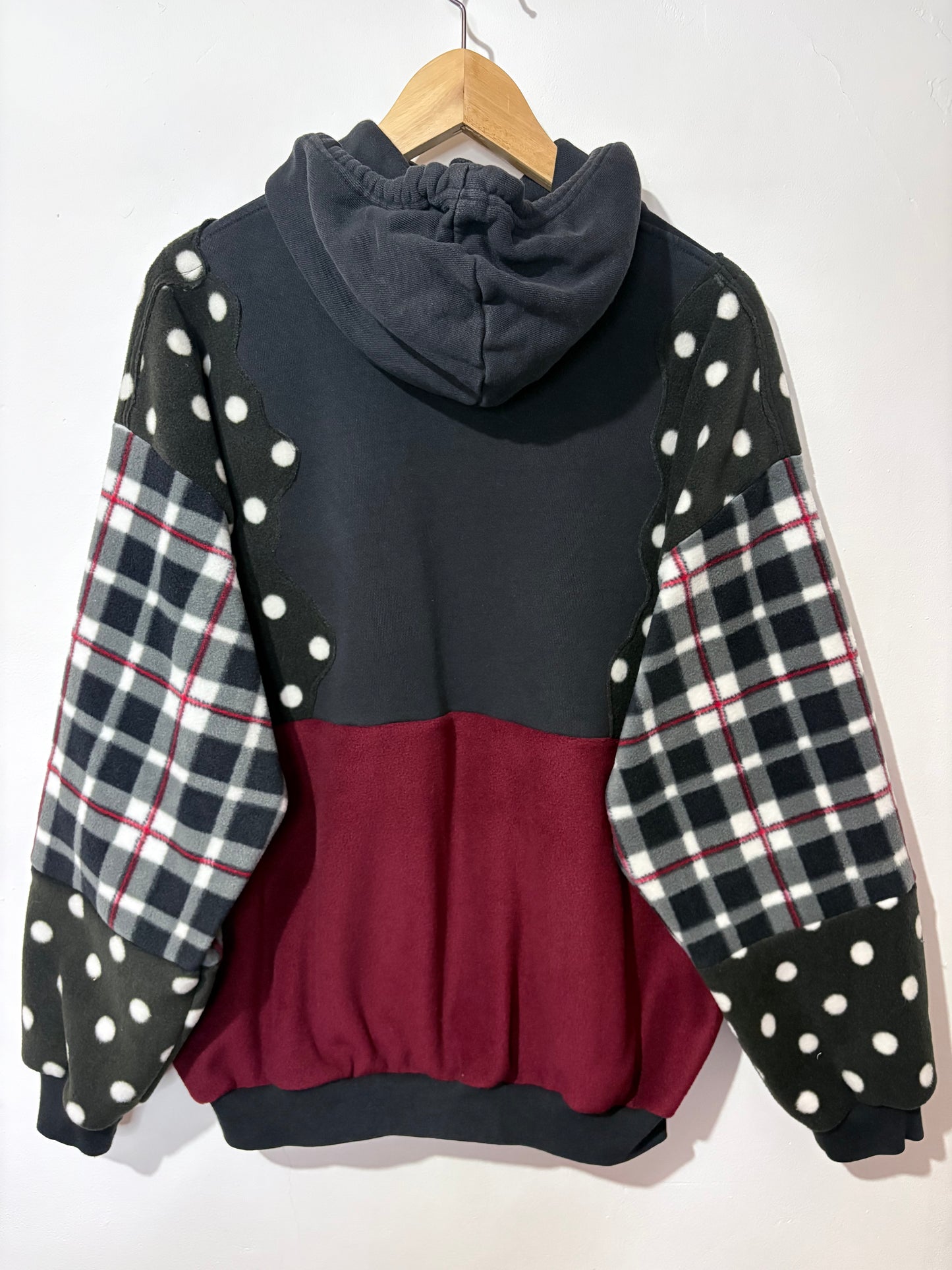 Y2K adidas polka dot, tartan, checked, burgundy fleece patchwork hoodie sweatshirt.