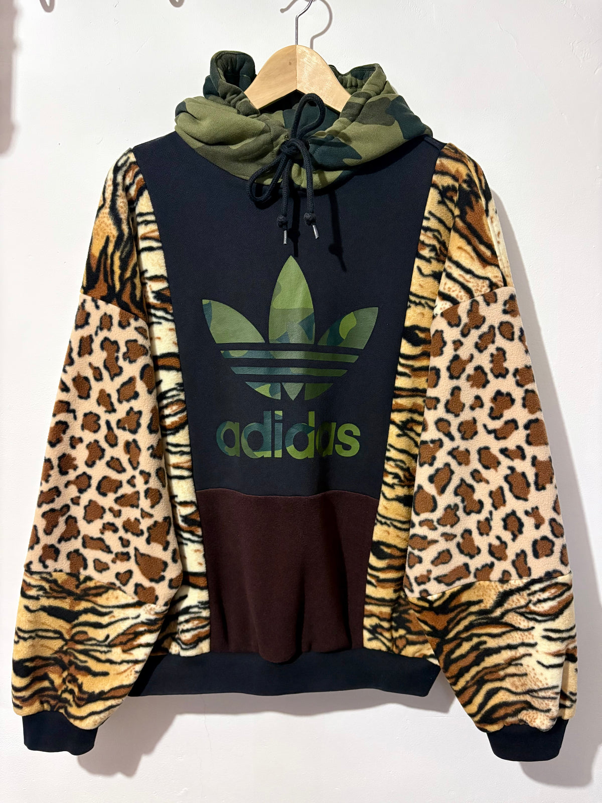 Y2K black adidas camouflage logo tiger and leopard fleece patchwork hoodie sweatshirt.