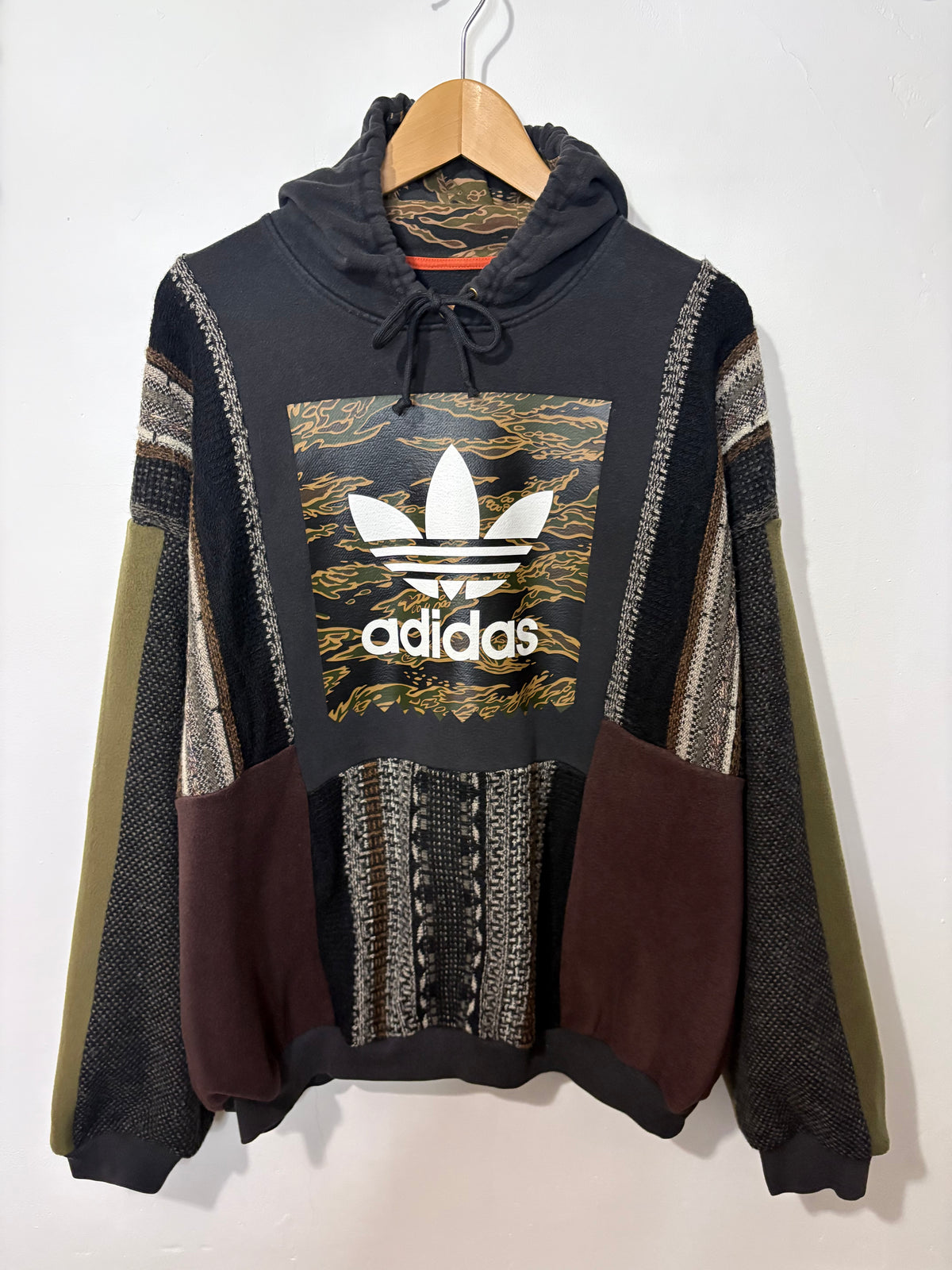 Vintage camouflage adidas logo funky stripe knit patchwork hoodie sweatshirt.
