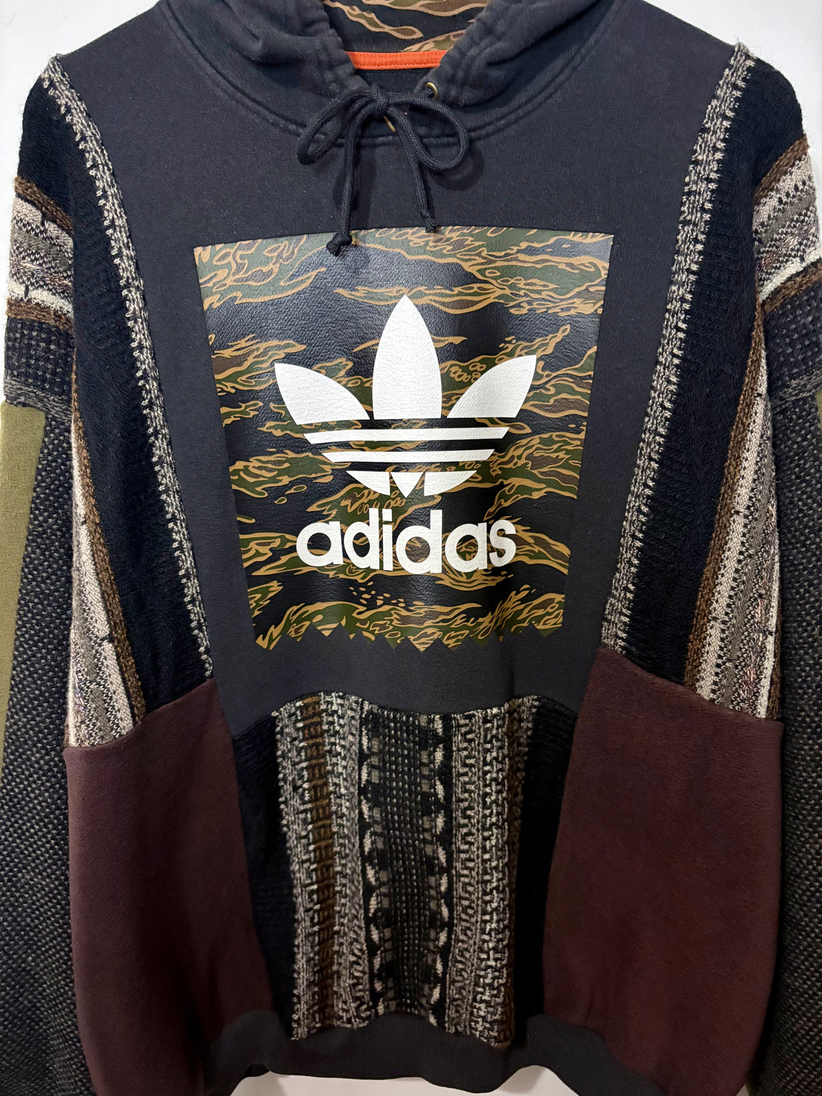 Vintage camouflage adidas logo funky stripe knit patchwork hoodie sweatshirt.