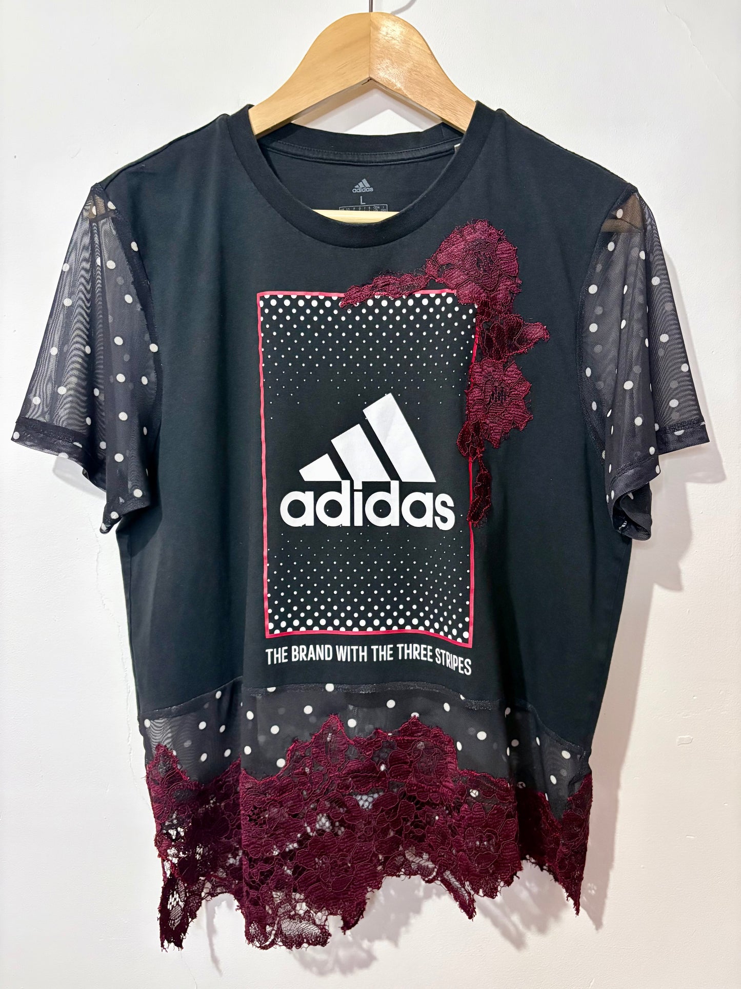 Vintage Y2K adidas polka dot sheer mesh burgundy lace patchwork tshirt