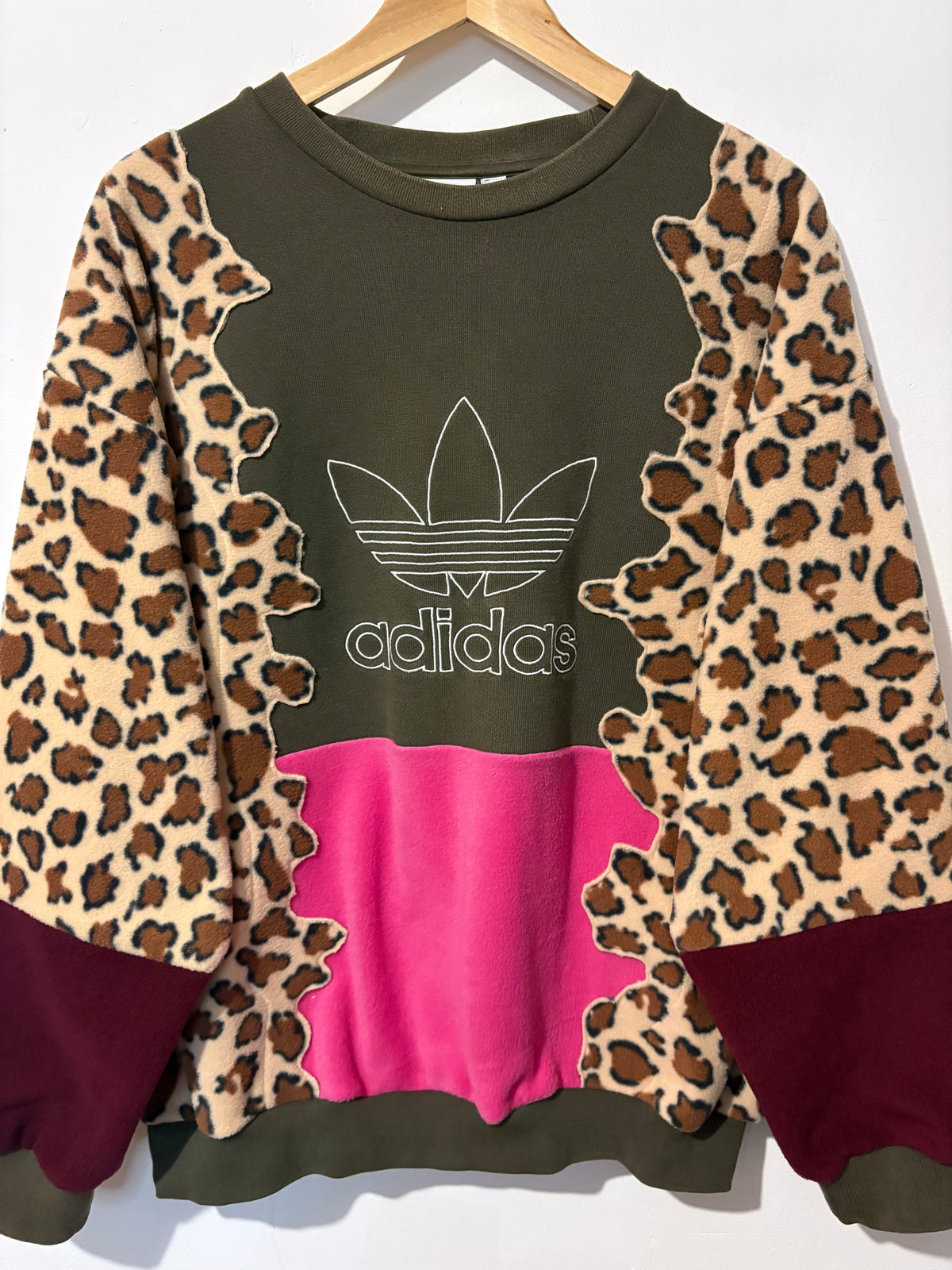 Y2K khaki adidas, leopard print, pink and burgundy patchwork fleece sweatshirt.