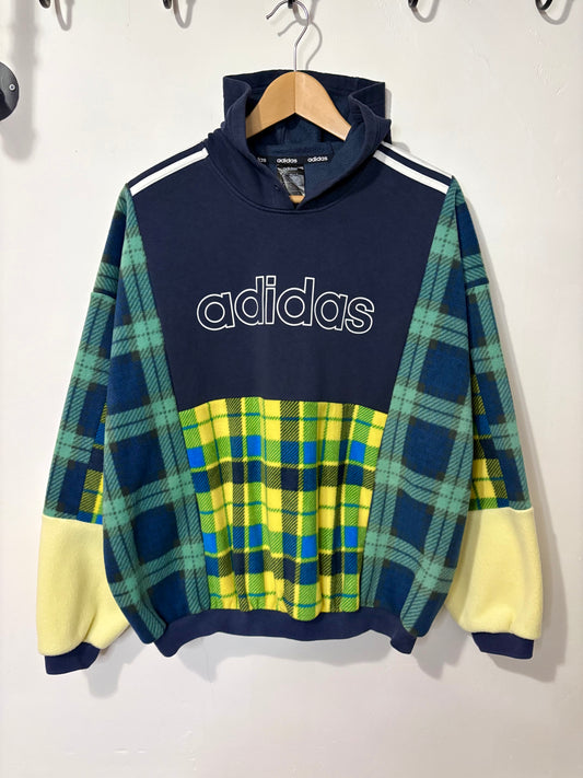 Y2K navy adidas spell out logo clashing checked tartan patchwork hoodie sweatshirt.