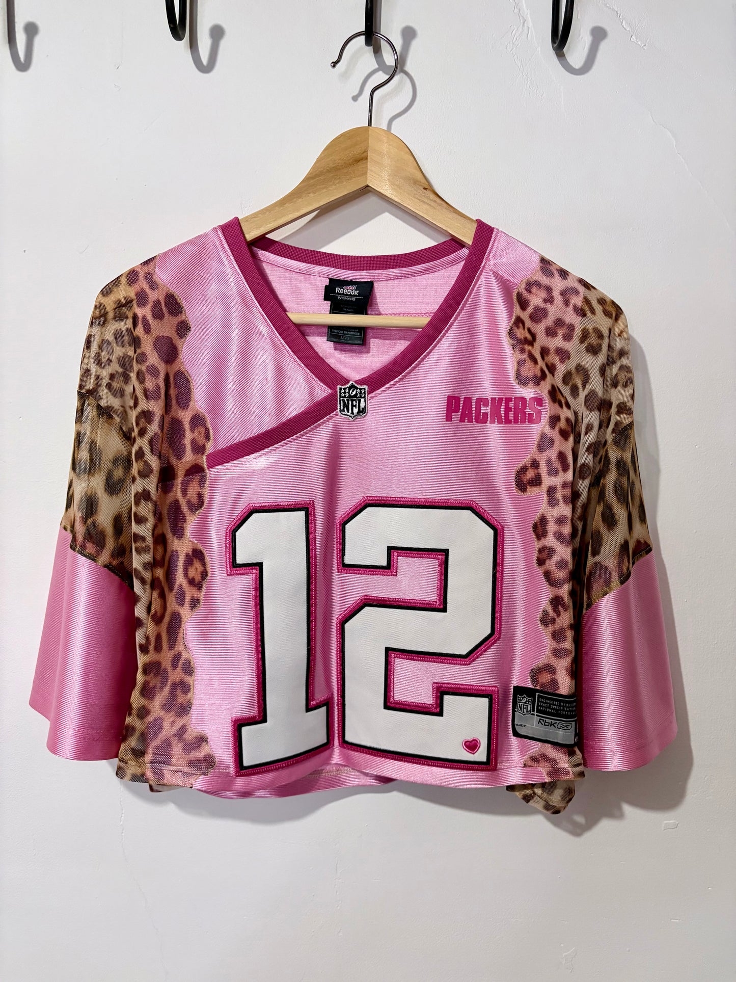 Vintage Y2K NFL Green Bay Packers leopard print sheer mesh cropped jersey tshirt.
